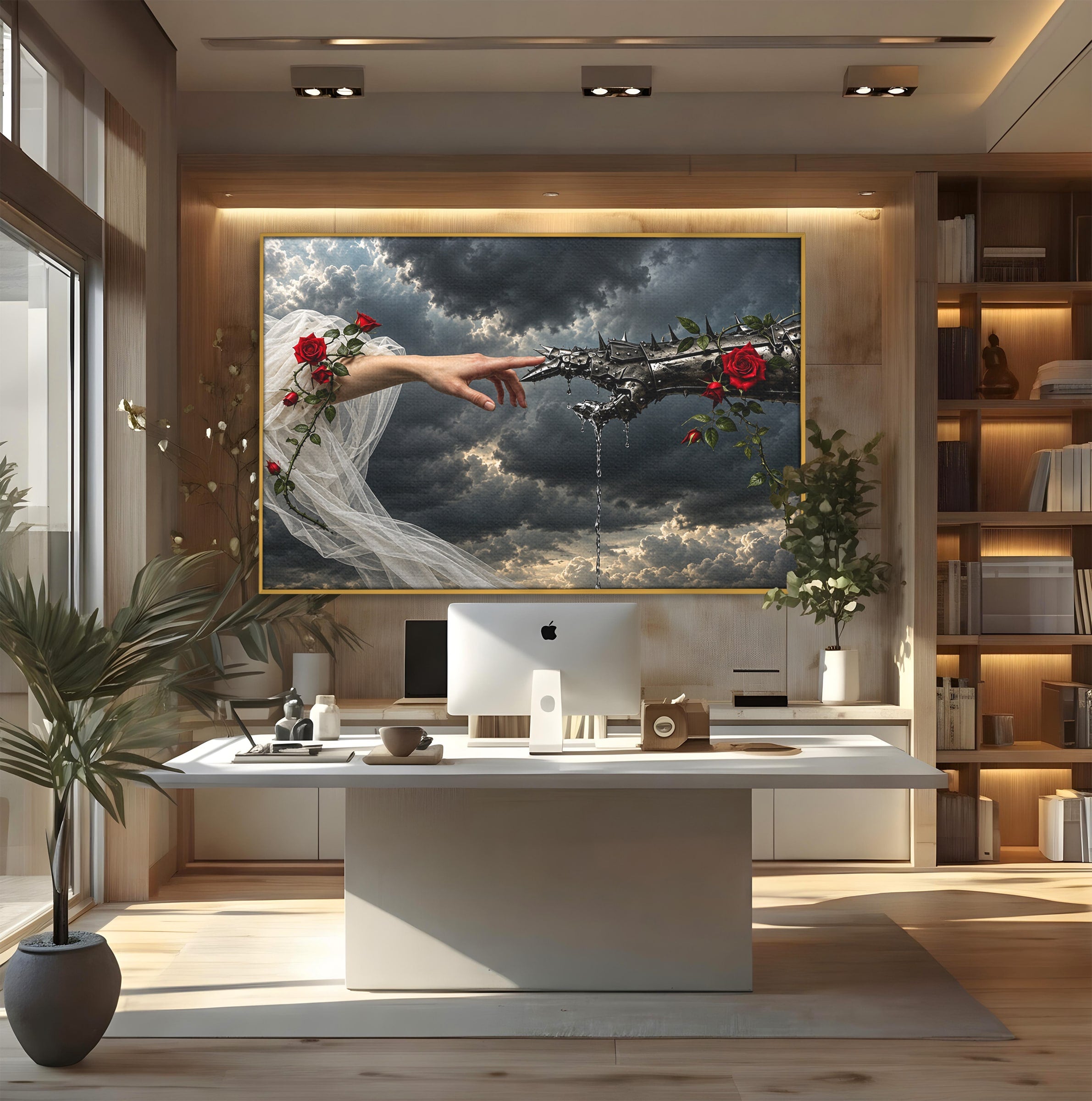 Tablou Canvas Premium LuxCanva® U1042, Atingerea Contrastelor,  Mana, Trandafiri, Nori, Dramatic, Atingere, Living, Culori Vibrante
