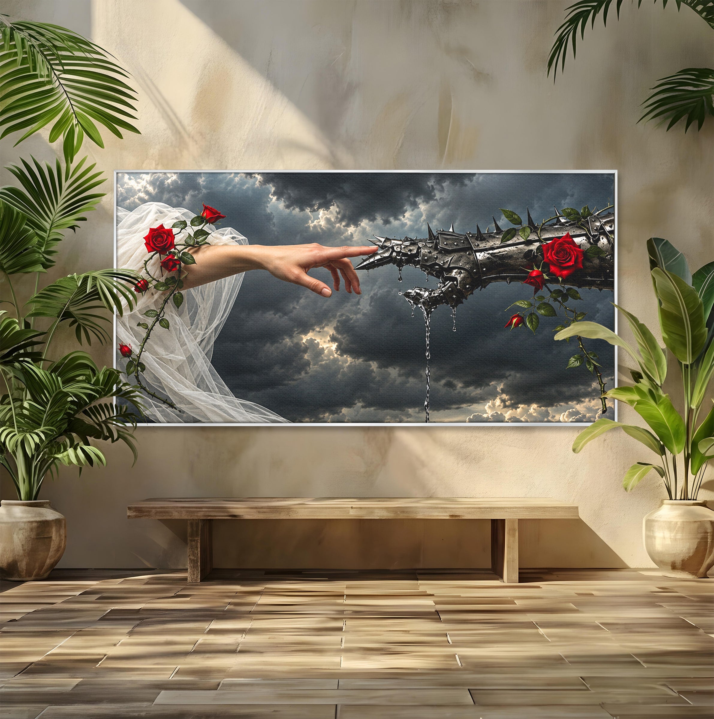 Tablou Canvas Premium LuxCanva® U1042, Atingerea Contrastelor,  Mana, Trandafiri, Nori, Dramatic, Atingere, Living, Culori Vibrante