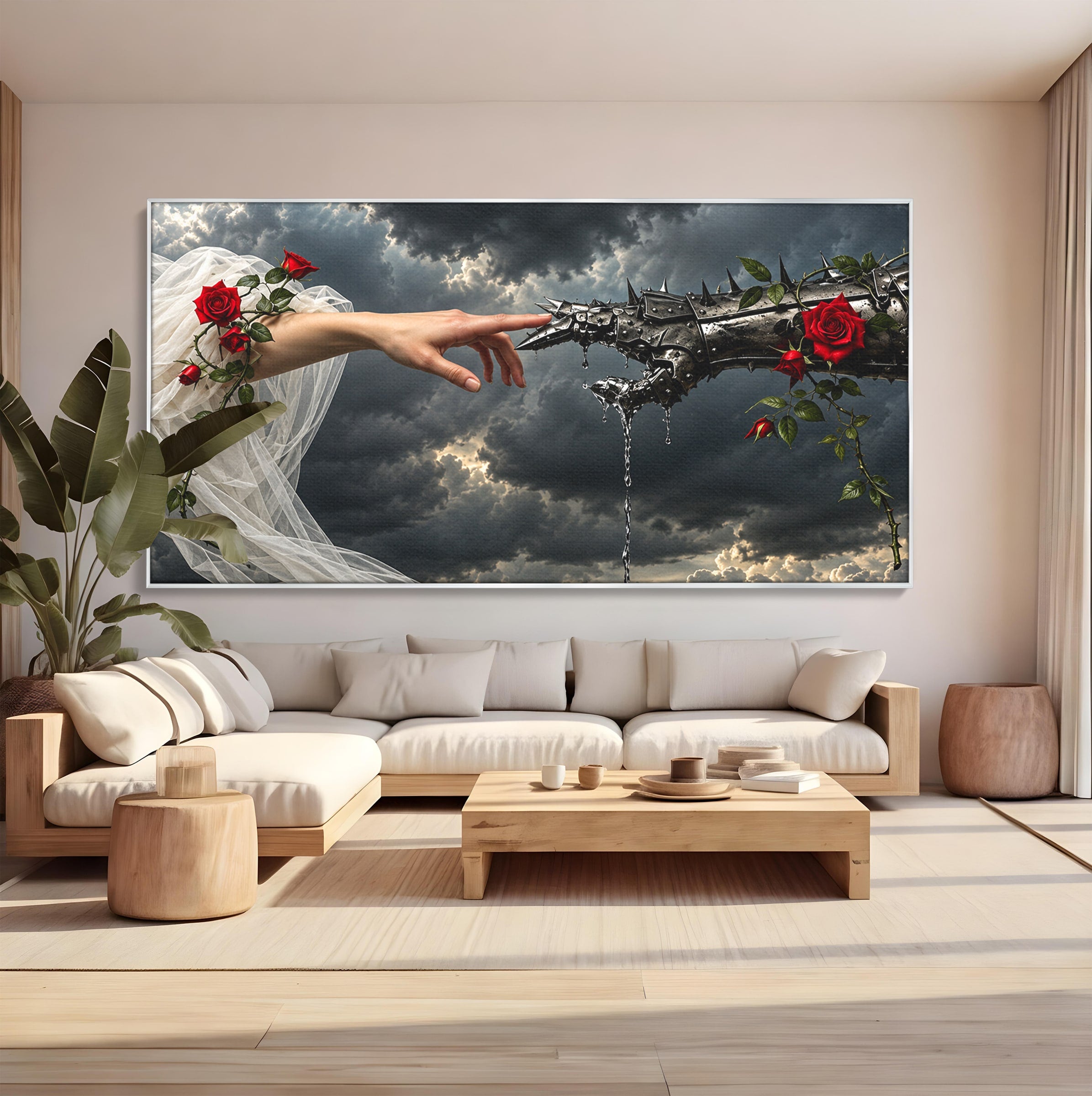 Tablou Canvas Premium LuxCanva® U1042, Atingerea Contrastelor,  Mana, Trandafiri, Nori, Dramatic, Atingere, Living, Culori Vibrante