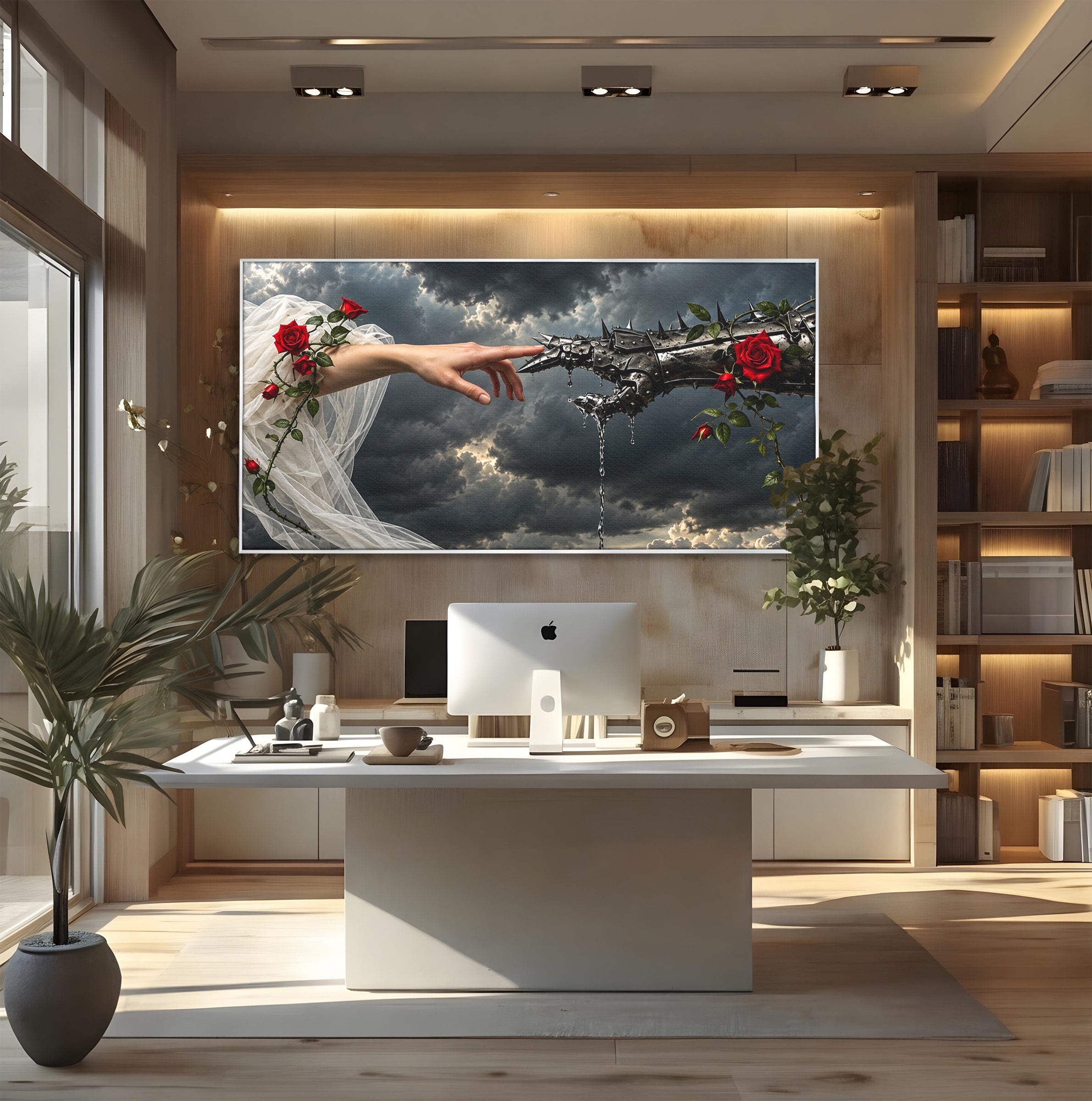 Tablou Canvas Premium LuxCanva® U1042, Atingerea Contrastelor,  Mana, Trandafiri, Nori, Dramatic, Atingere, Living, Culori Vibrante