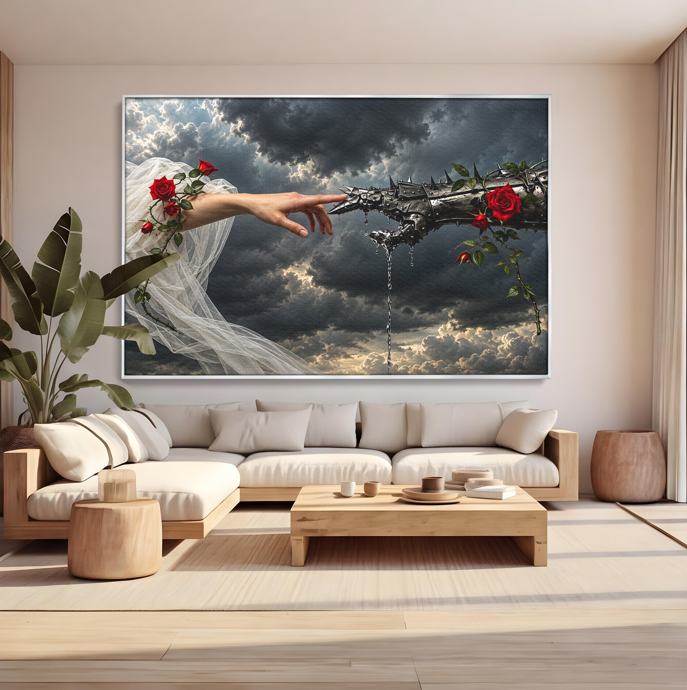 Tablou Canvas Premium LuxCanva® U1042, Atingerea Contrastelor,  Mana, Trandafiri, Nori, Dramatic, Atingere, Living, Culori Vibrante