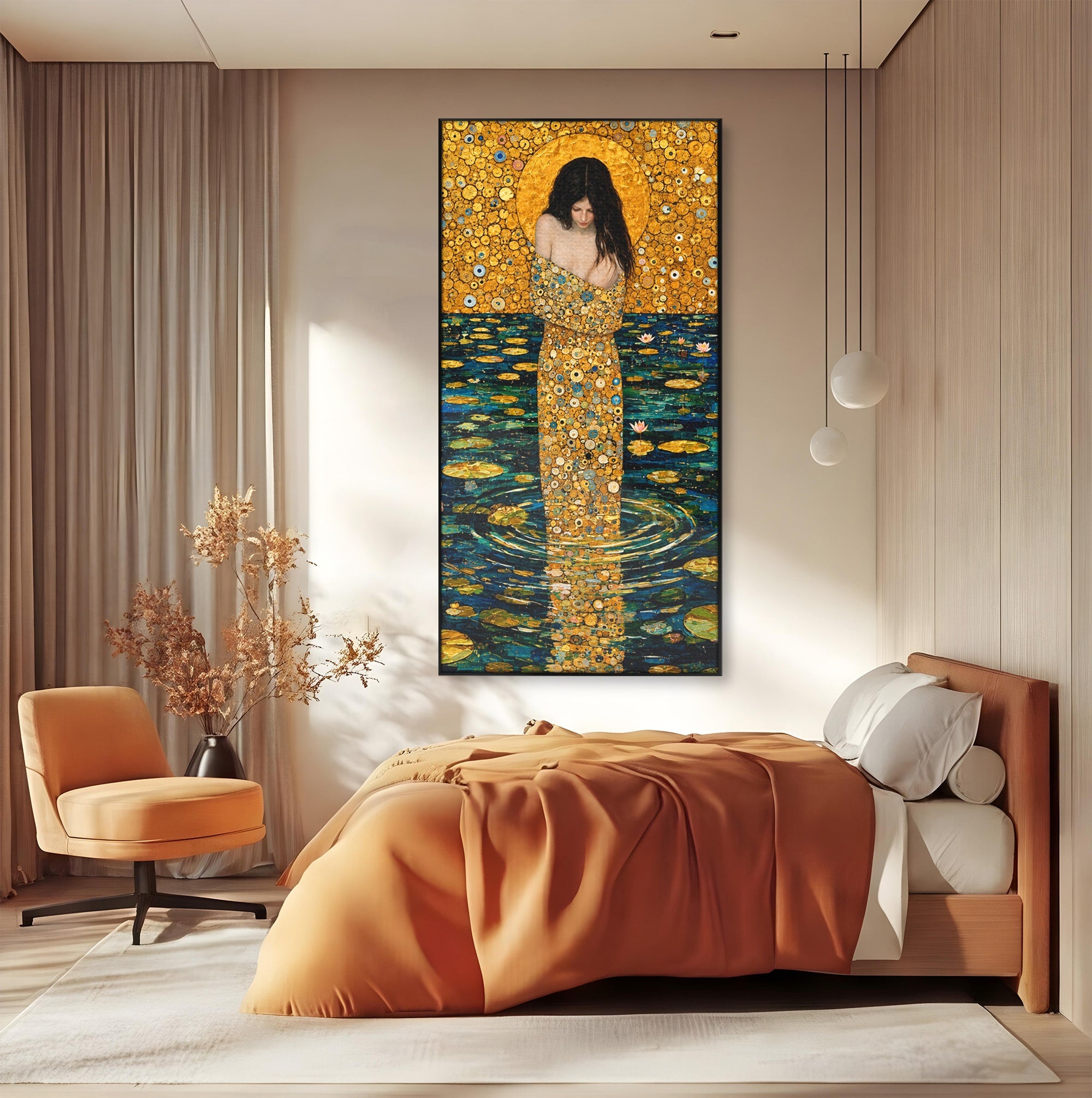 Tablou Canvas Premium LuxCanva® U1044, Femeie In Apele Aurite, Aur, Floare De Lotus, Meditatie, Femeie, Apa, Living, Dormitor, Culori Vibrante