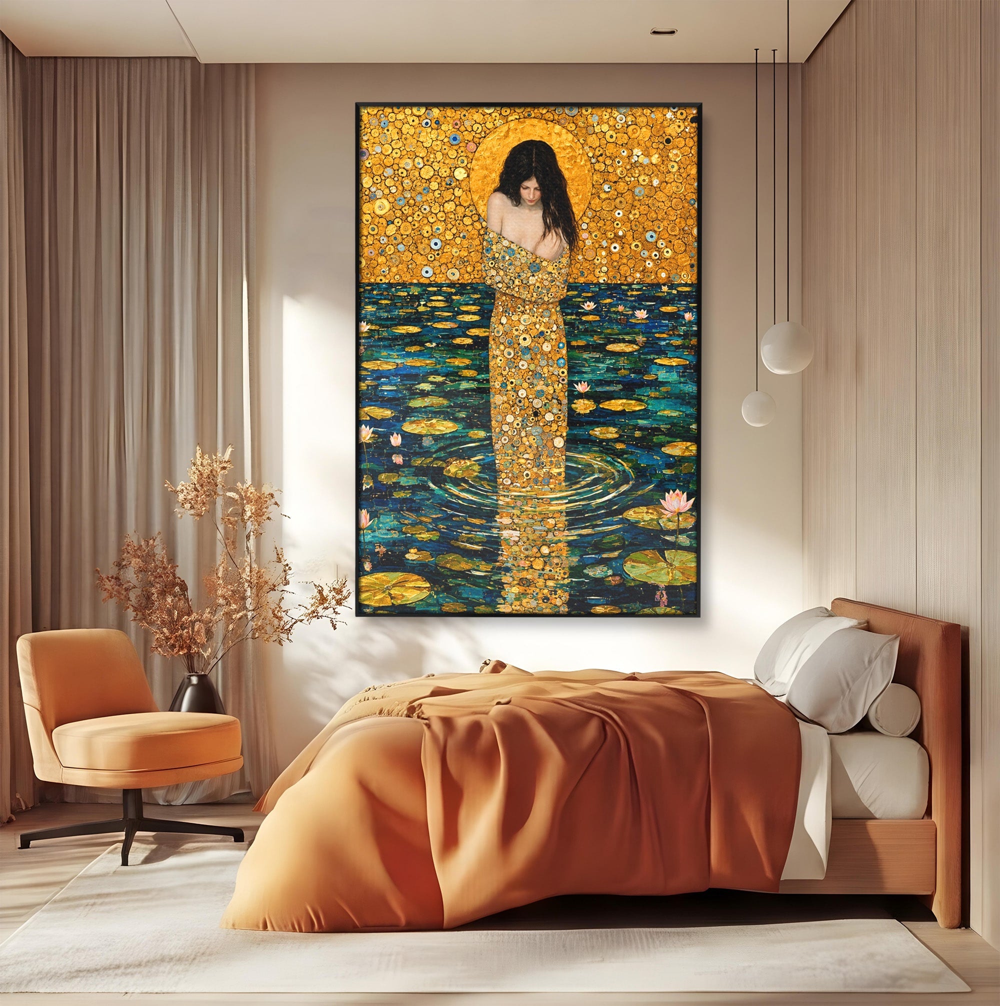 Tablou Canvas Premium LuxCanva® U1044, Femeie In Apele Aurite, Aur, Floare De Lotus, Meditatie, Femeie, Apa, Living, Dormitor, Culori Vibrante