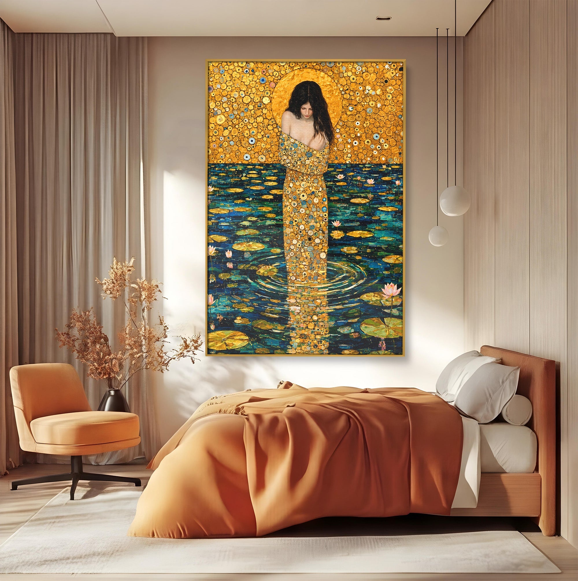 Tablou Canvas Premium LuxCanva® U1044, Femeie In Apele Aurite, Aur, Floare De Lotus, Meditatie, Femeie, Apa, Living, Dormitor, Culori Vibrante