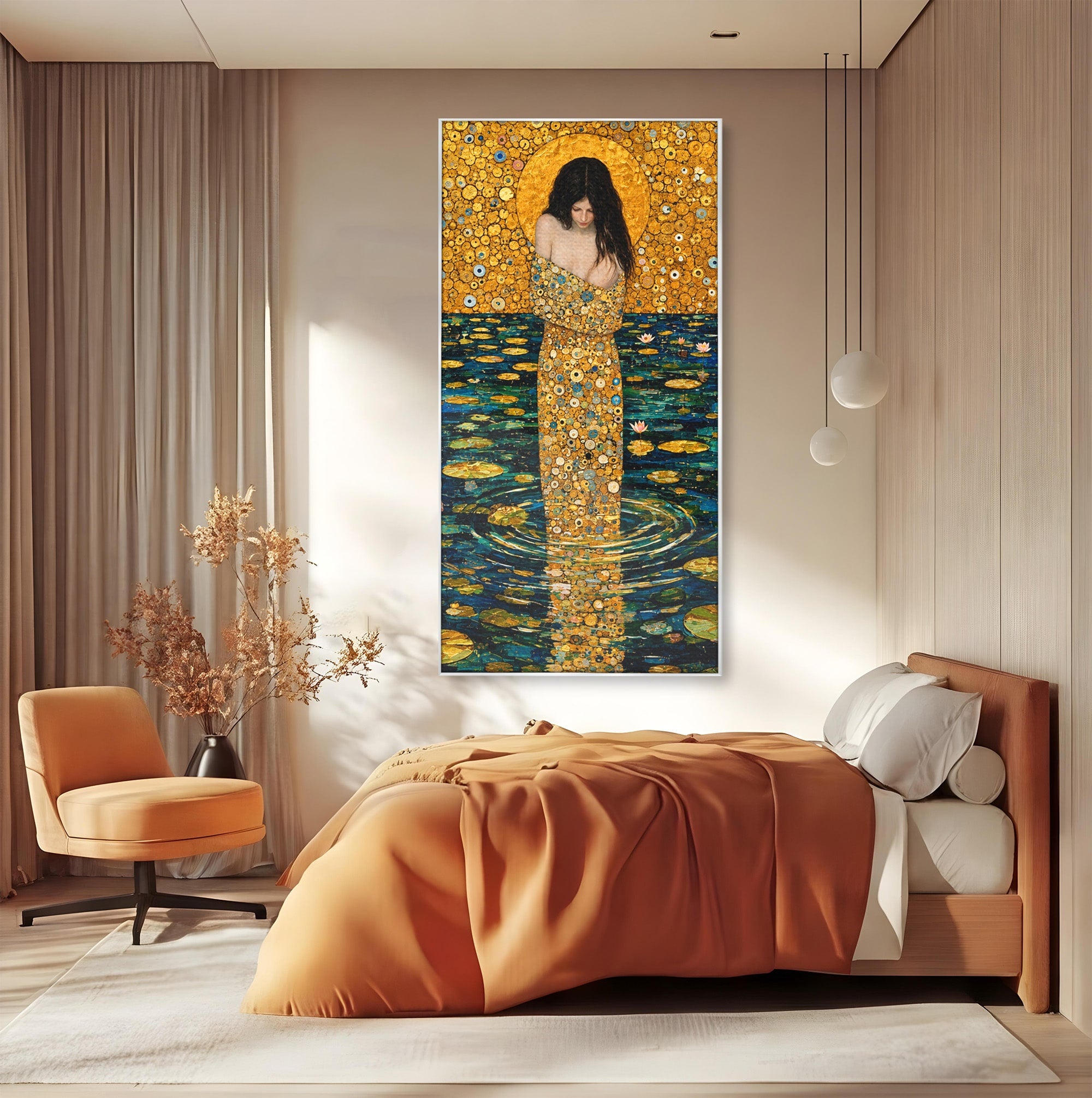 Tablou Canvas Premium LuxCanva® U1044, Femeie In Apele Aurite, Aur, Floare De Lotus, Meditatie, Femeie, Apa, Living, Dormitor, Culori Vibrante