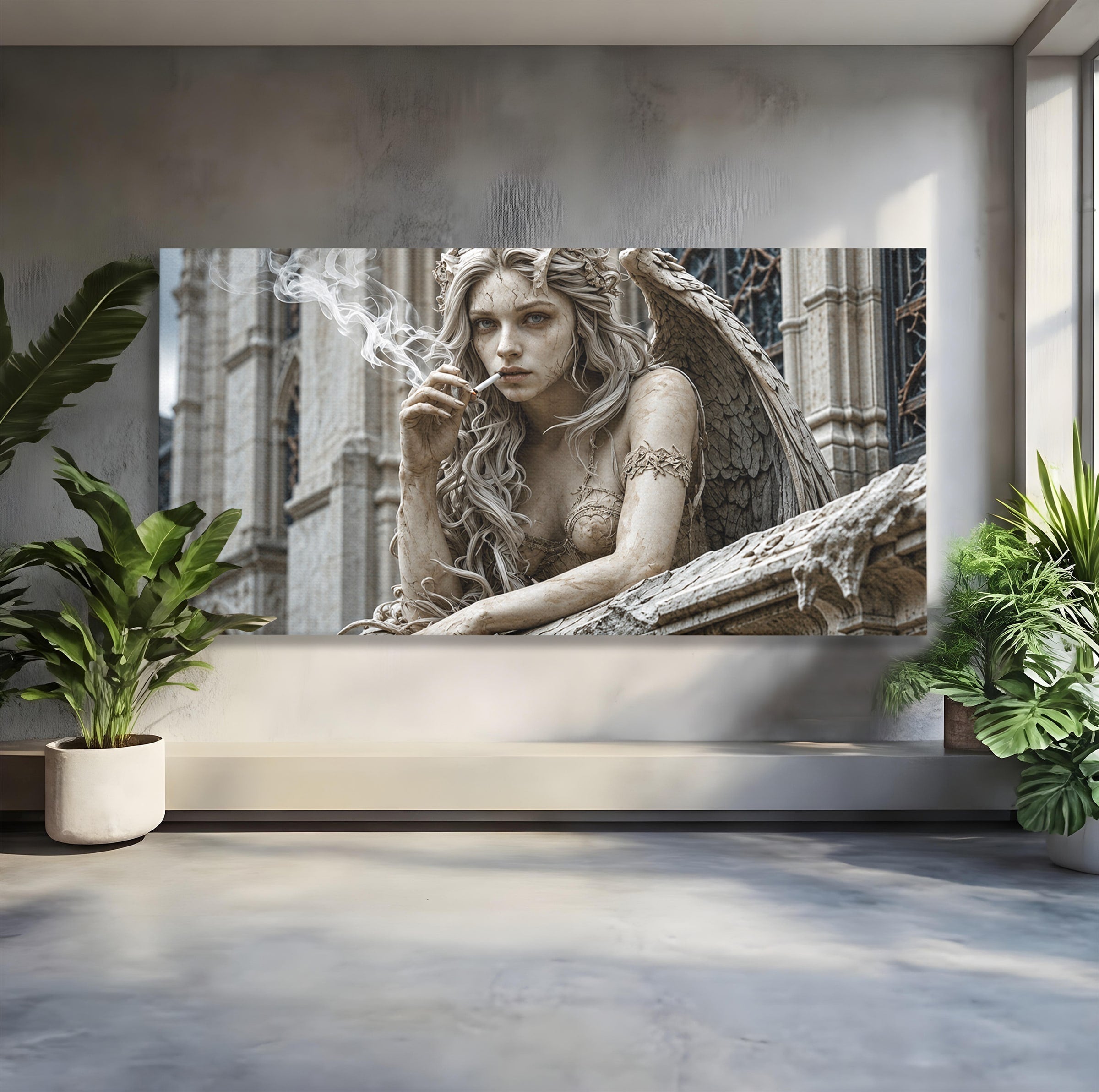 Tablou Canvas Premium LuxCanva® U1045, Ingerul Contemporan,  Statuie, Artistic, Contemporan, Mistic, Exterior, Inger, Dormitor, Culori Vibrante
