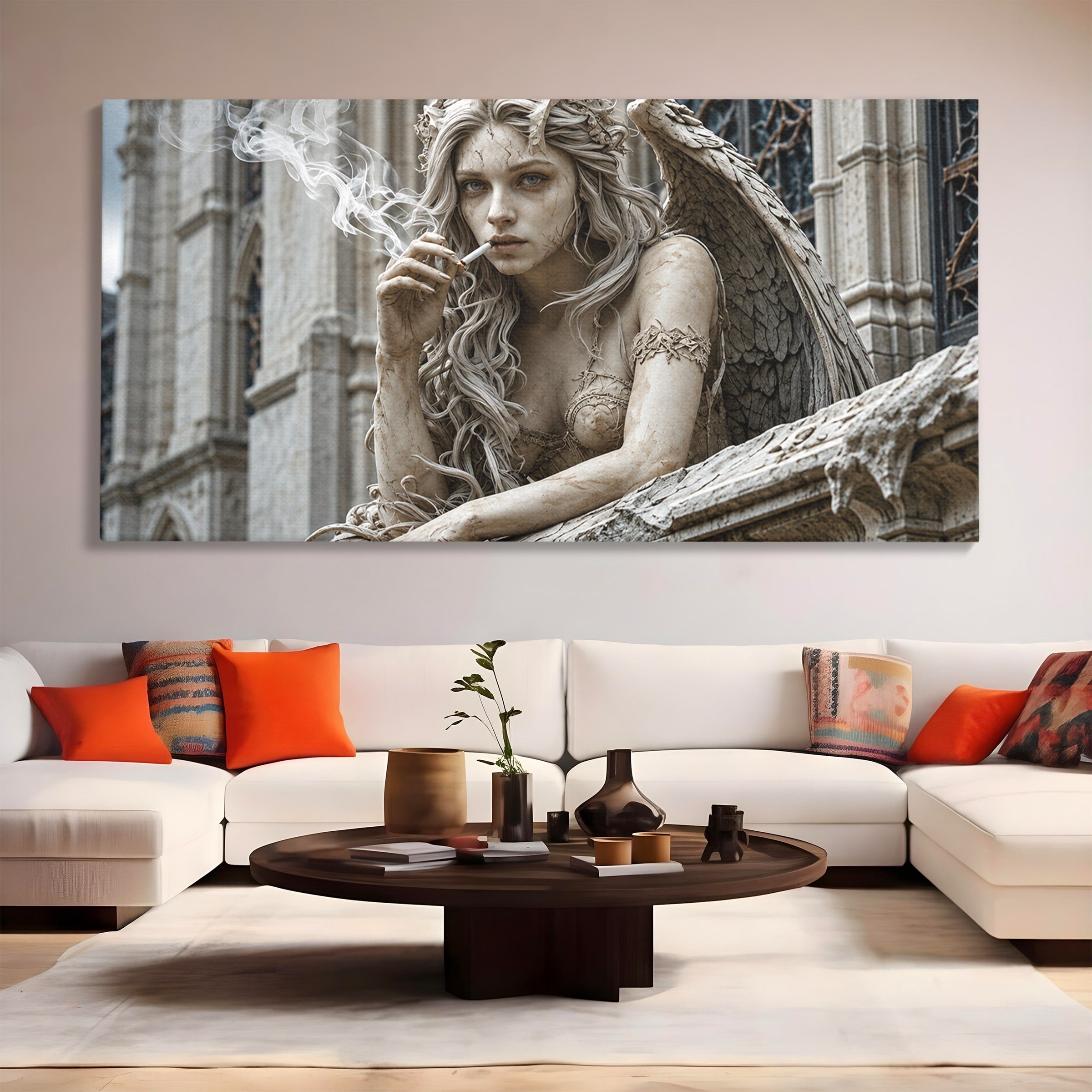 Tablou Canvas Premium LuxCanva® U1045, Ingerul Contemporan,  Statuie, Artistic, Contemporan, Mistic, Exterior, Inger, Dormitor, Culori Vibrante