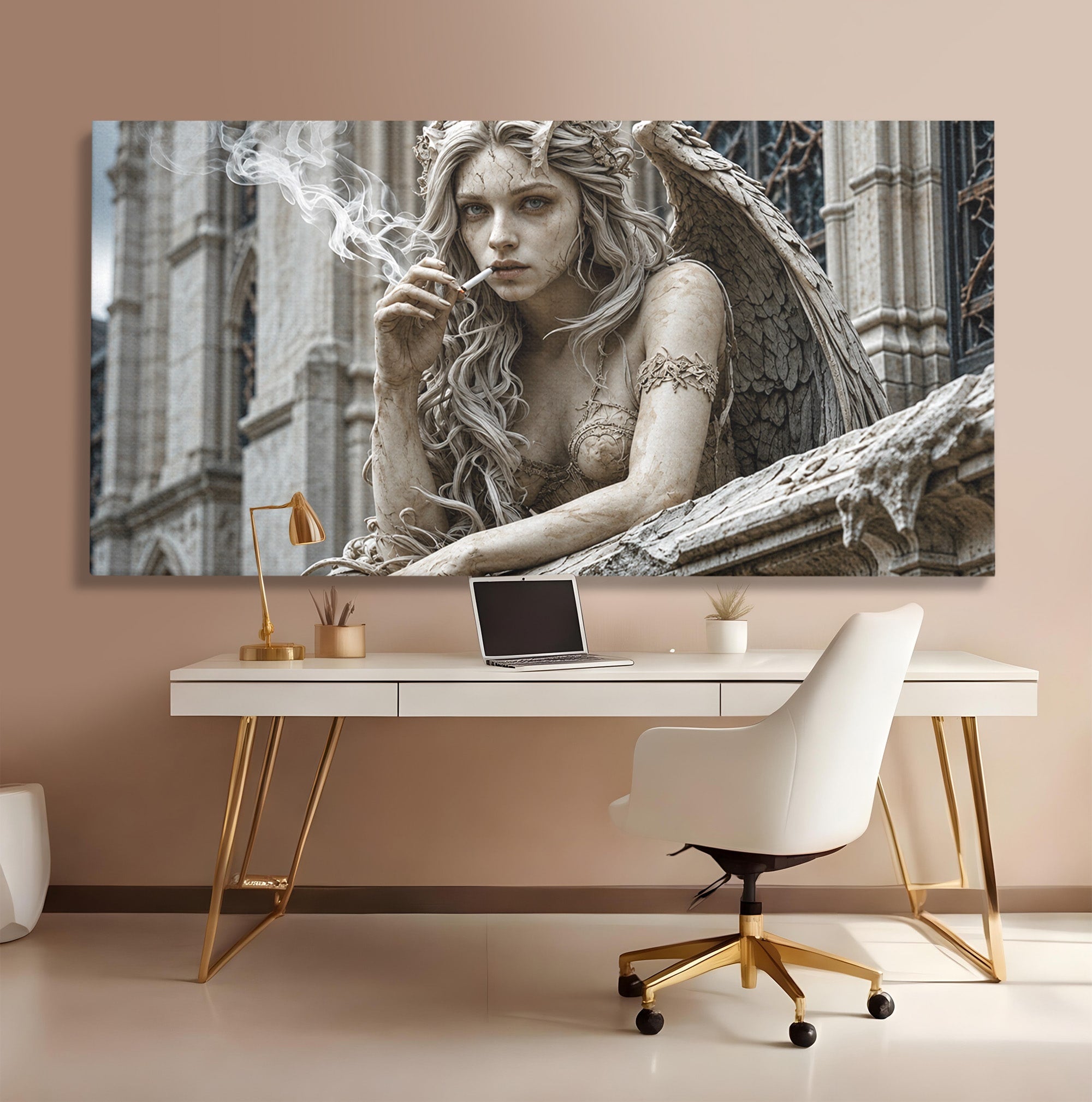 Tablou Canvas Premium LuxCanva® U1045, Ingerul Contemporan,  Statuie, Artistic, Contemporan, Mistic, Exterior, Inger, Dormitor, Culori Vibrante