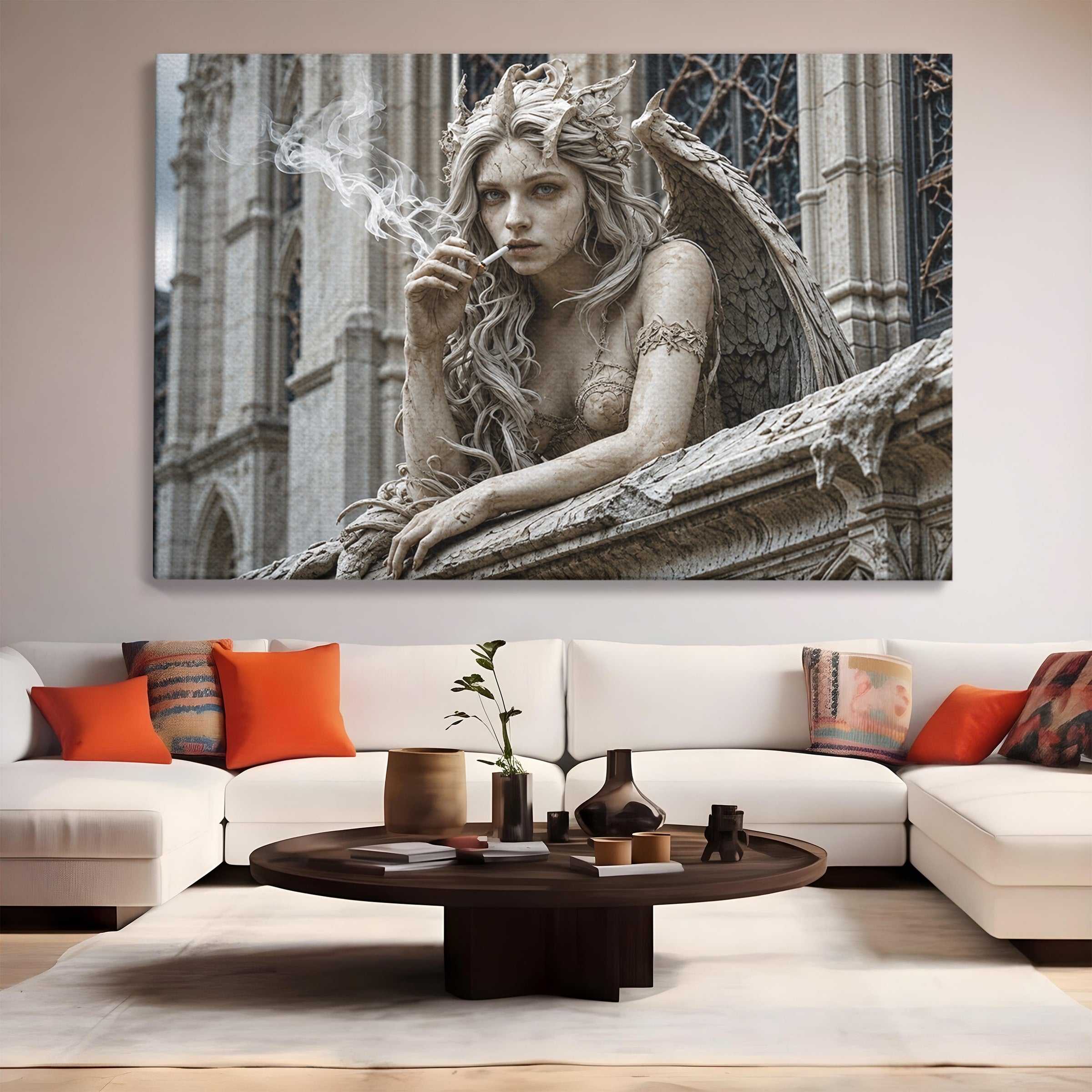Tablou Canvas Premium LuxCanva® U1045, Ingerul Contemporan,  Statuie, Artistic, Contemporan, Mistic, Exterior, Inger, Dormitor, Culori Vibrante