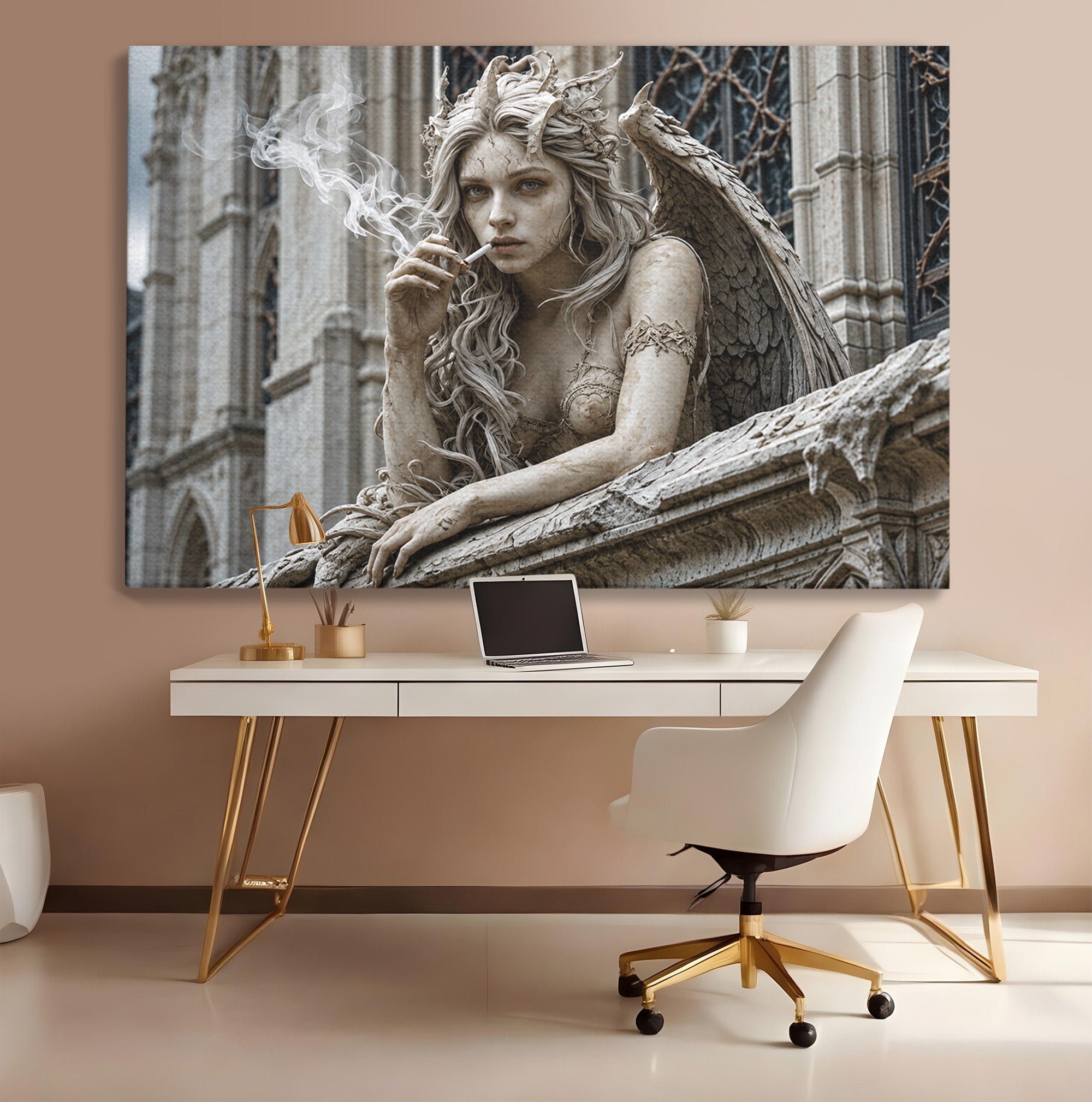 Tablou Canvas Premium LuxCanva® U1045, Ingerul Contemporan,  Statuie, Artistic, Contemporan, Mistic, Exterior, Inger, Dormitor, Culori Vibrante