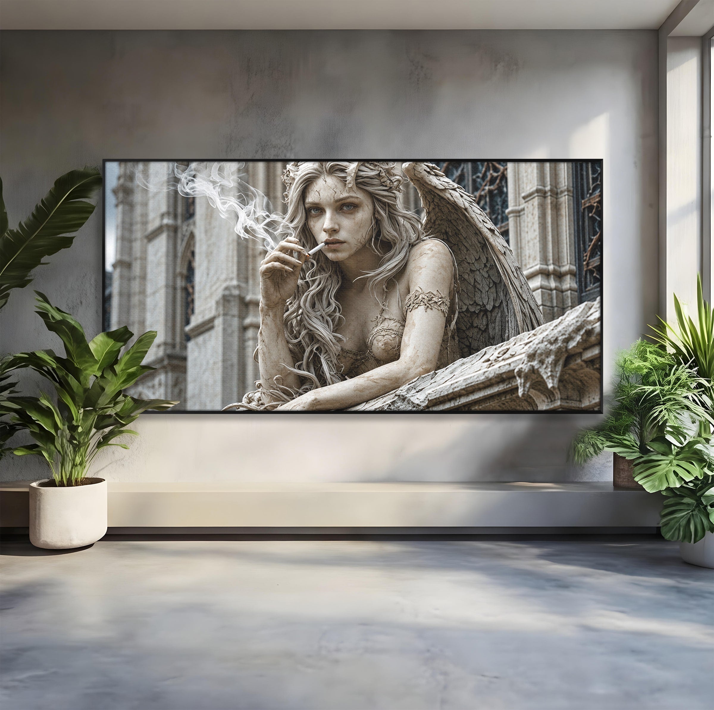 Tablou Canvas Premium LuxCanva® U1045, Ingerul Contemporan,  Statuie, Artistic, Contemporan, Mistic, Exterior, Inger, Dormitor, Culori Vibrante