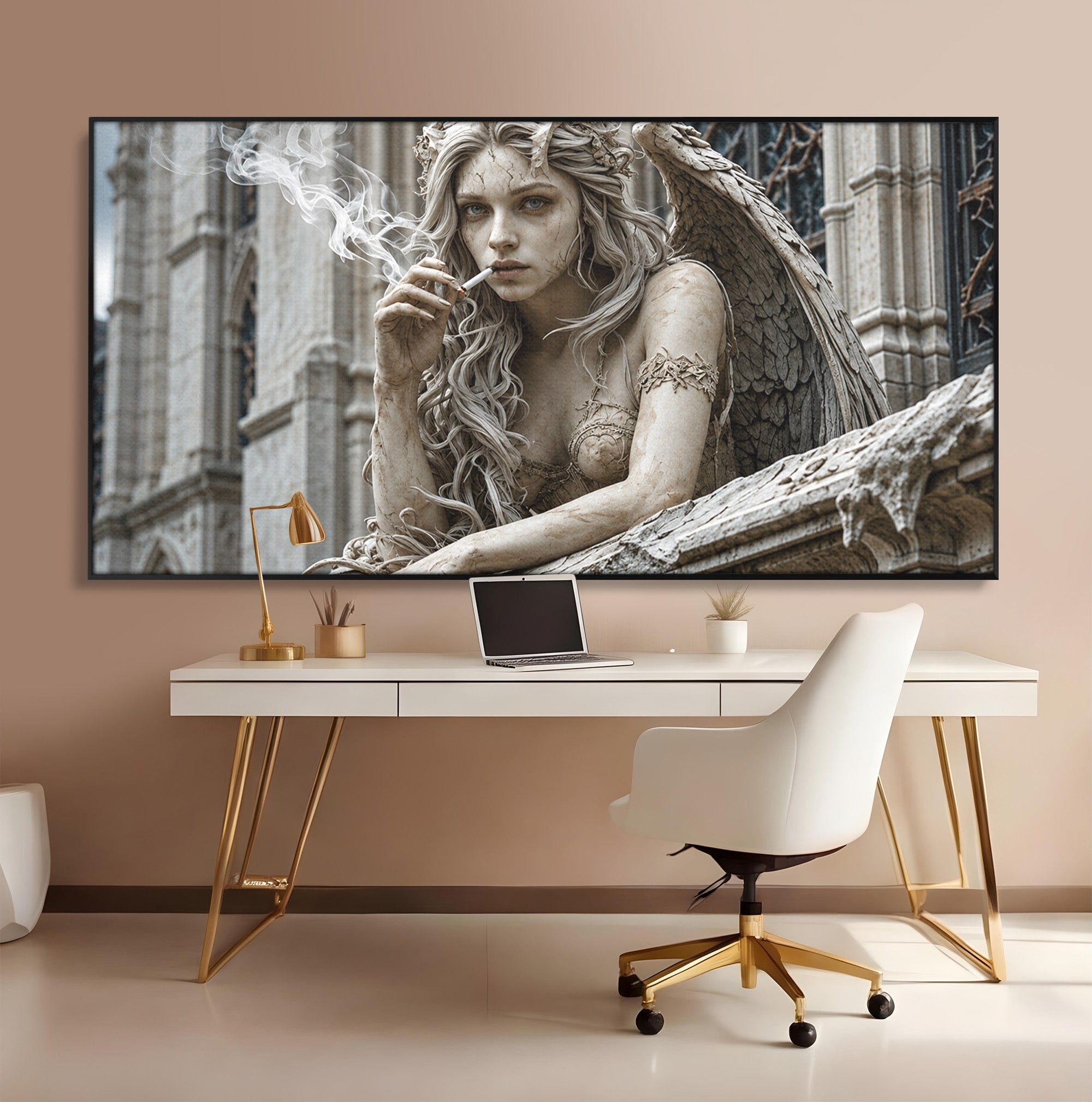 Tablou Canvas Premium LuxCanva® U1045, Ingerul Contemporan,  Statuie, Artistic, Contemporan, Mistic, Exterior, Inger, Dormitor, Culori Vibrante
