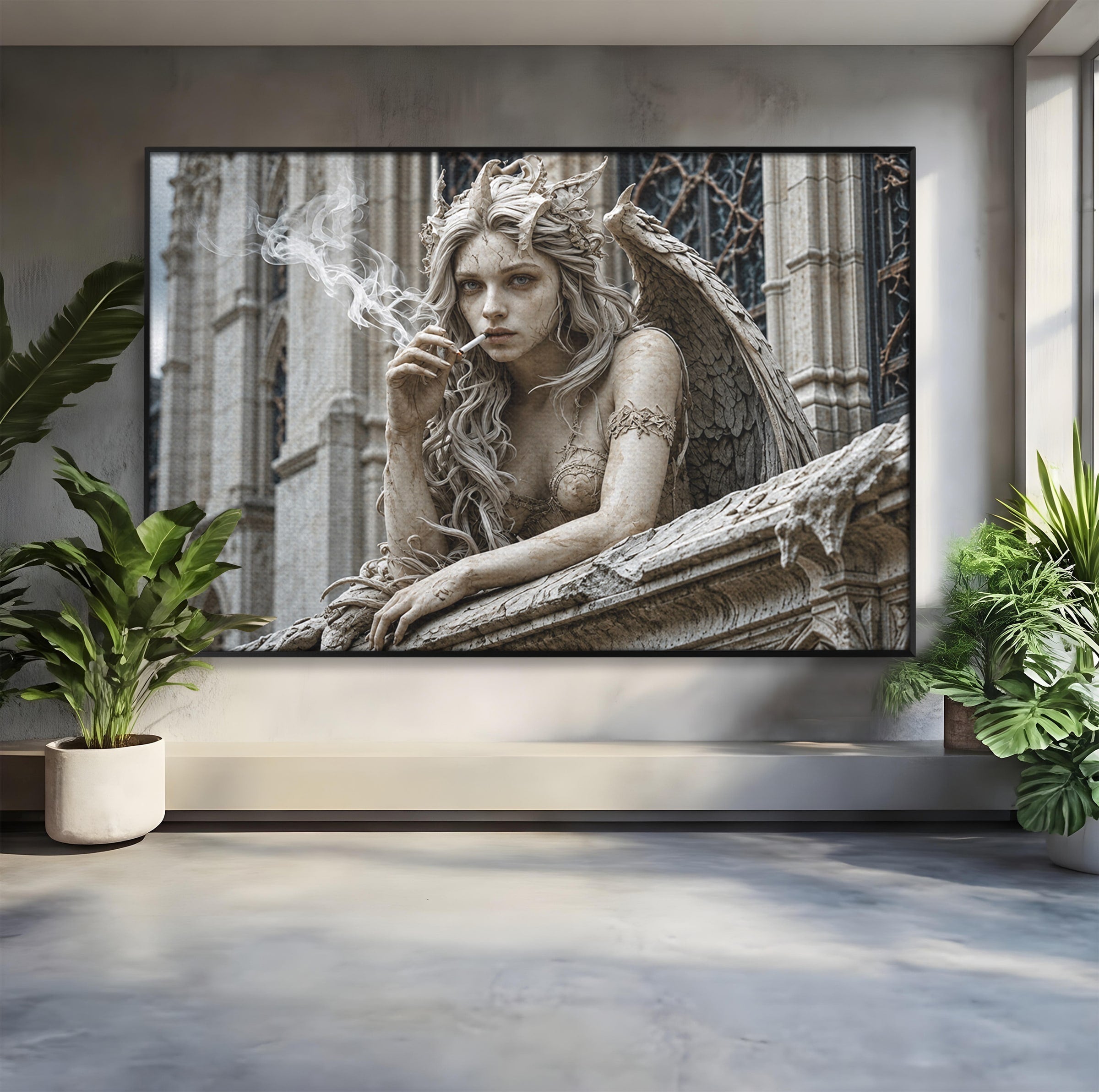 Tablou Canvas Premium LuxCanva® U1045, Ingerul Contemporan,  Statuie, Artistic, Contemporan, Mistic, Exterior, Inger, Dormitor, Culori Vibrante