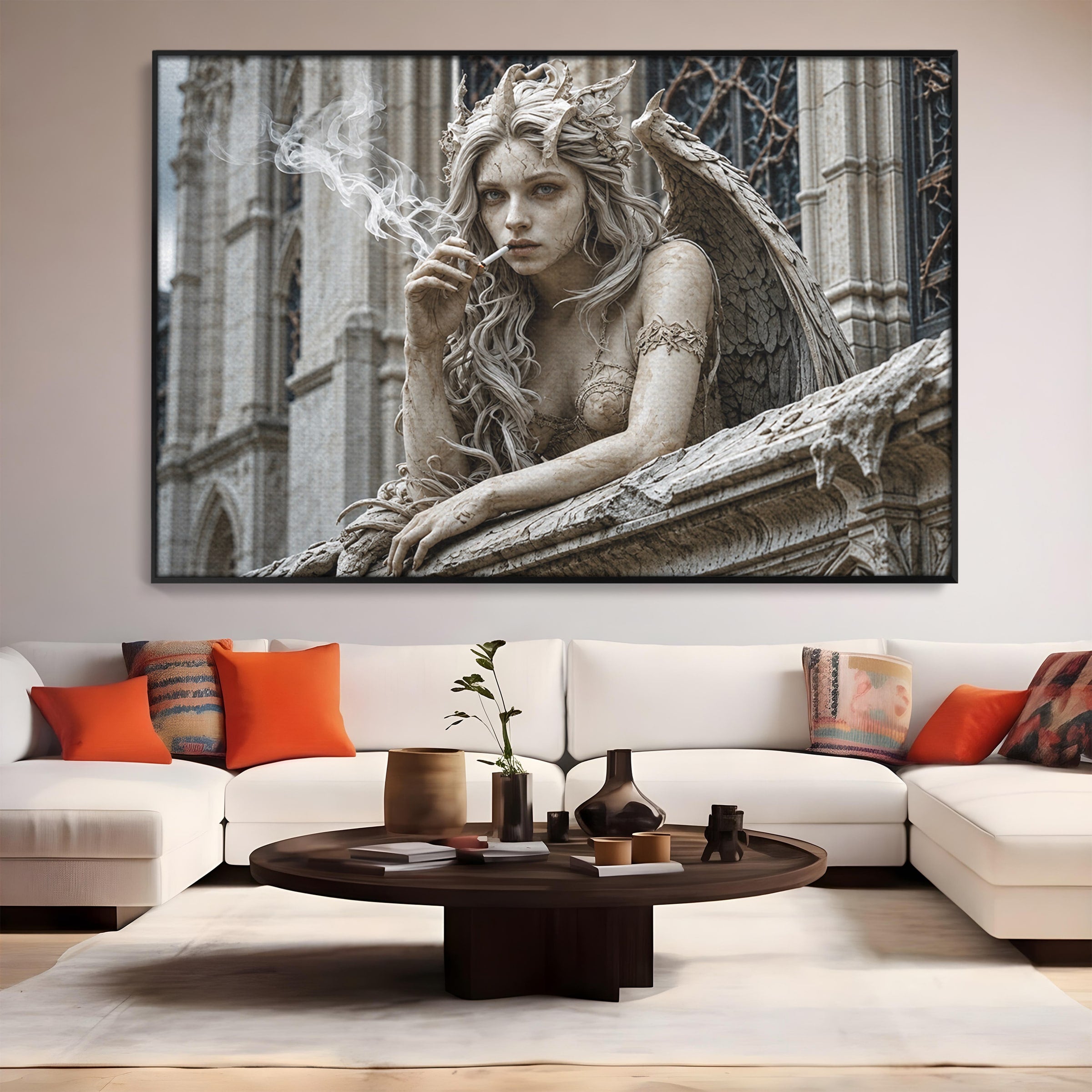 Tablou Canvas Premium LuxCanva® U1045, Ingerul Contemporan,  Statuie, Artistic, Contemporan, Mistic, Exterior, Inger, Dormitor, Culori Vibrante