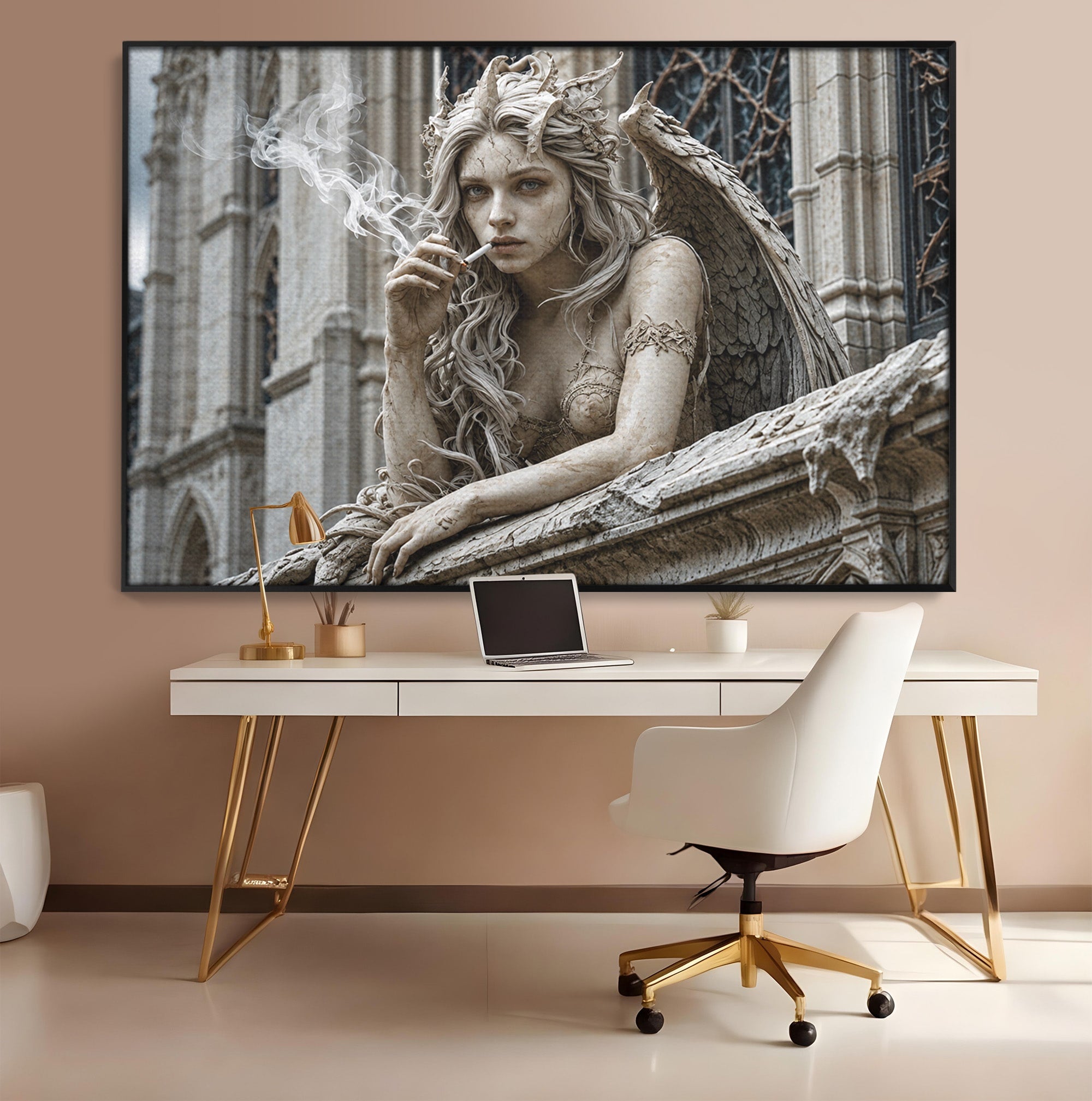 Tablou Canvas Premium LuxCanva® U1045, Ingerul Contemporan,  Statuie, Artistic, Contemporan, Mistic, Exterior, Inger, Dormitor, Culori Vibrante
