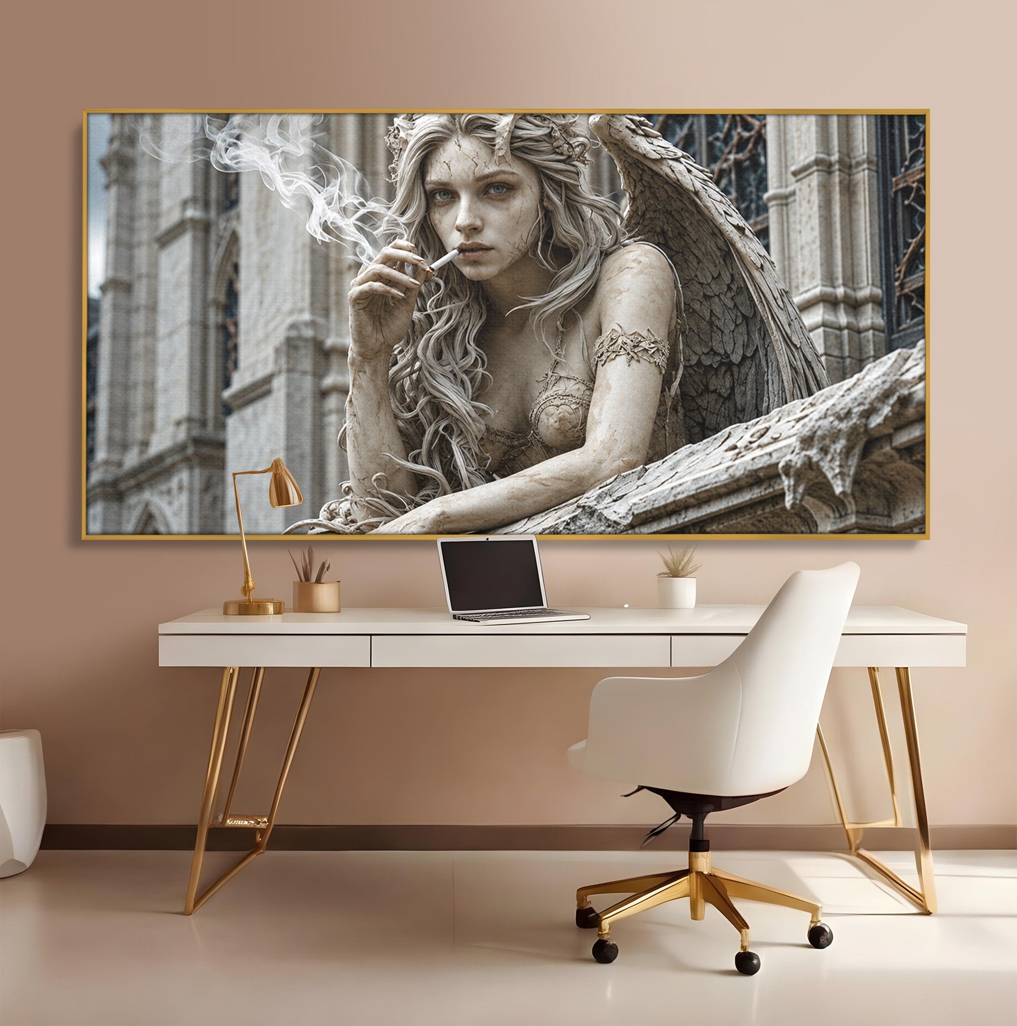 Tablou Canvas Premium LuxCanva® U1045, Ingerul Contemporan,  Statuie, Artistic, Contemporan, Mistic, Exterior, Inger, Dormitor, Culori Vibrante