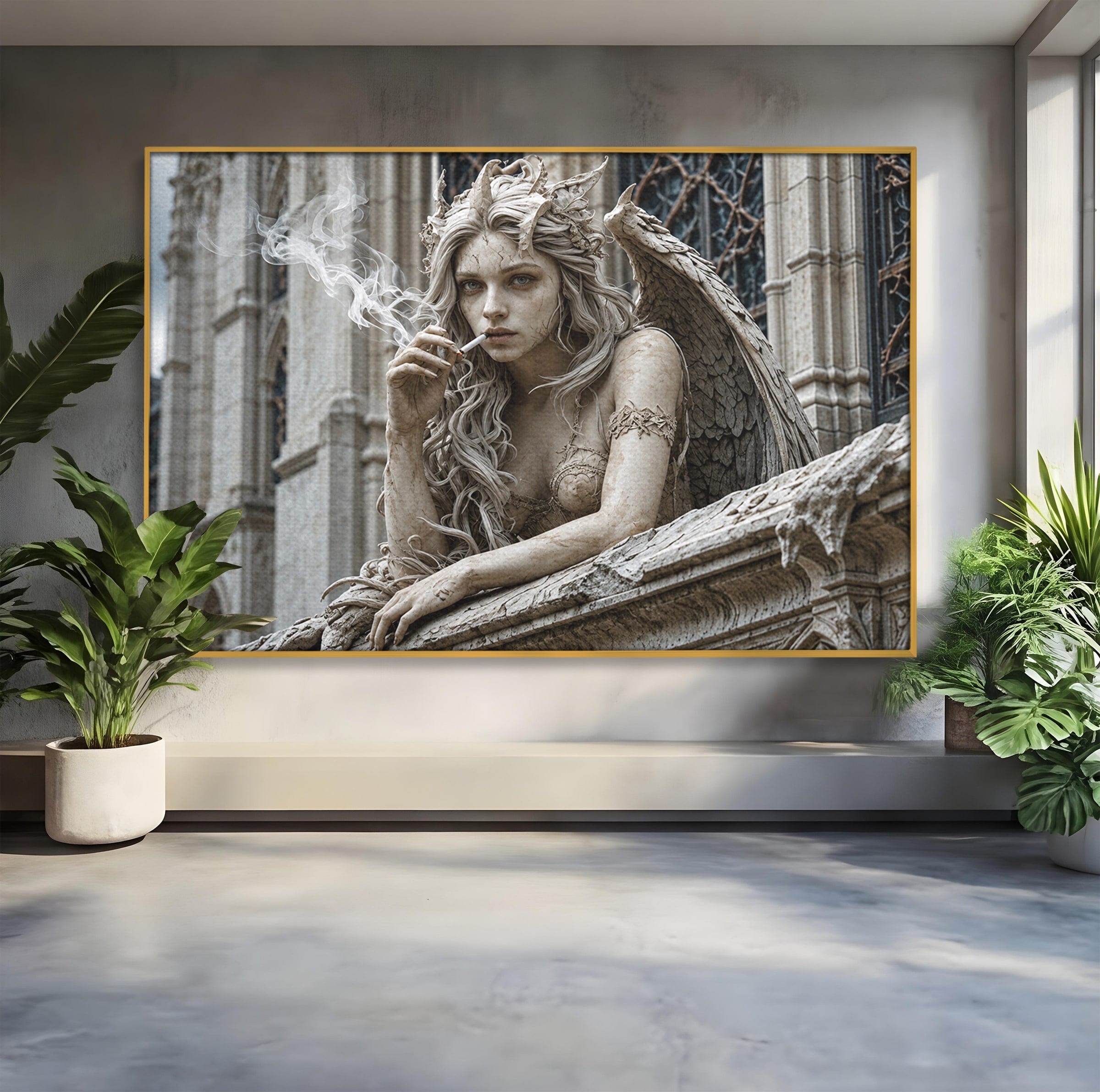 Tablou Canvas Premium LuxCanva® U1045, Ingerul Contemporan,  Statuie, Artistic, Contemporan, Mistic, Exterior, Inger, Dormitor, Culori Vibrante