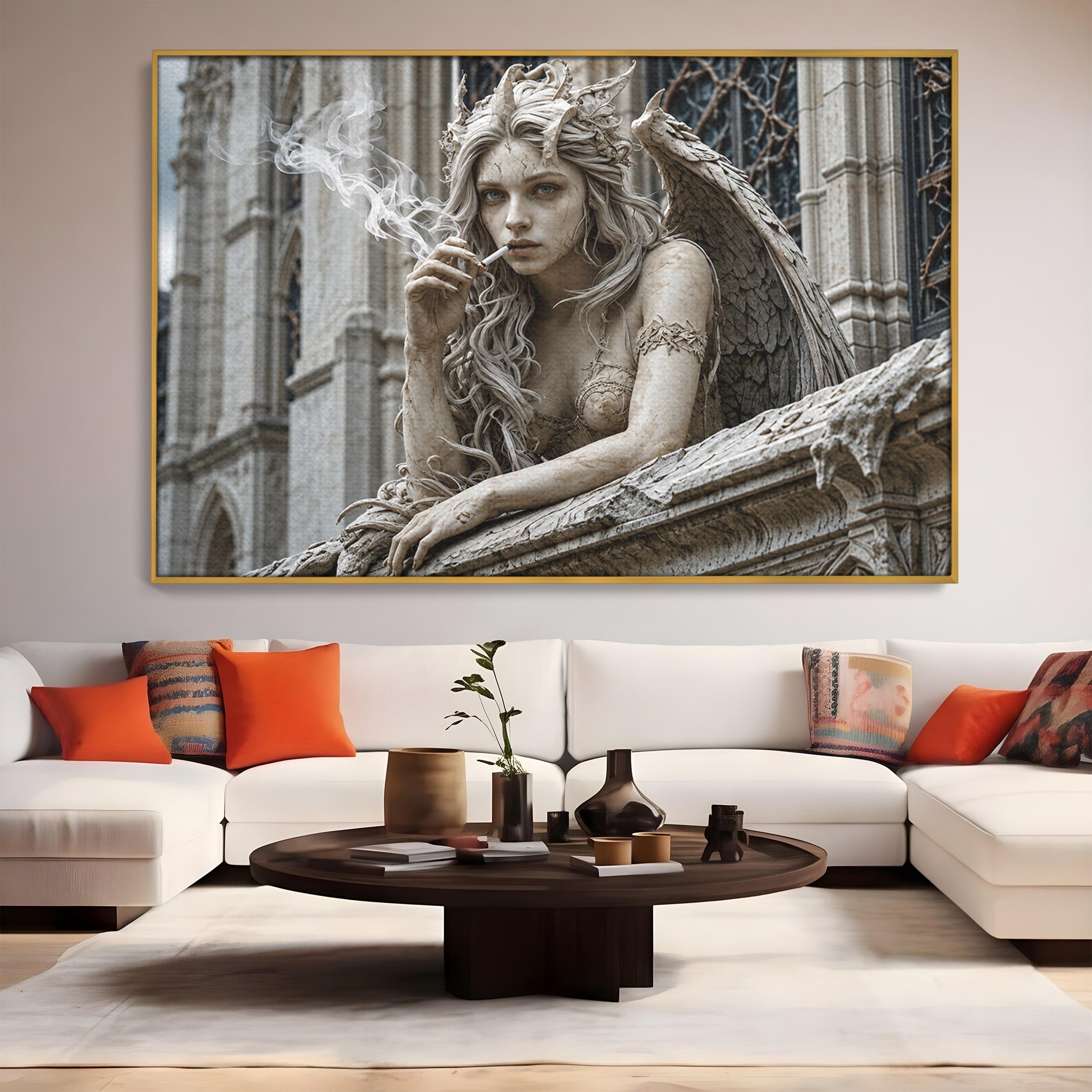 Tablou Canvas Premium LuxCanva® U1045, Ingerul Contemporan,  Statuie, Artistic, Contemporan, Mistic, Exterior, Inger, Dormitor, Culori Vibrante