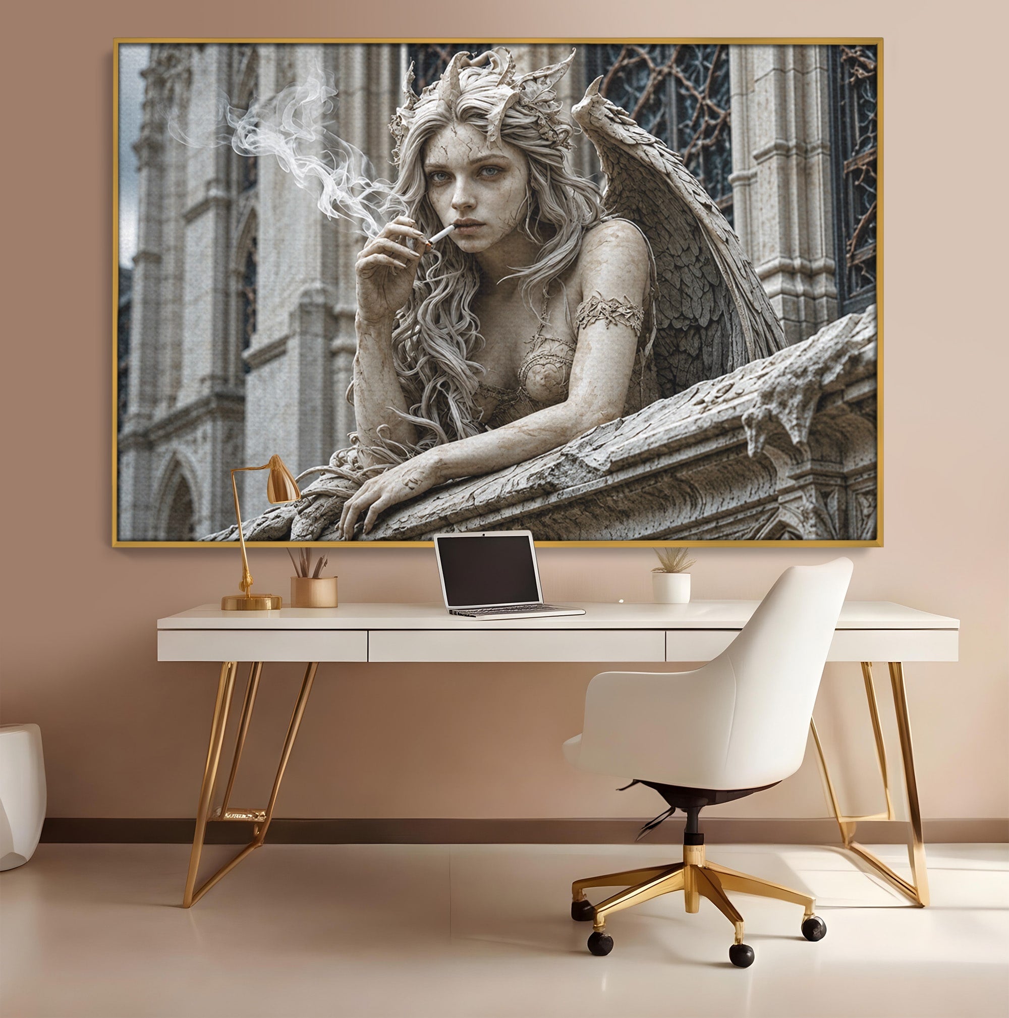 Tablou Canvas Premium LuxCanva® U1045, Ingerul Contemporan,  Statuie, Artistic, Contemporan, Mistic, Exterior, Inger, Dormitor, Culori Vibrante