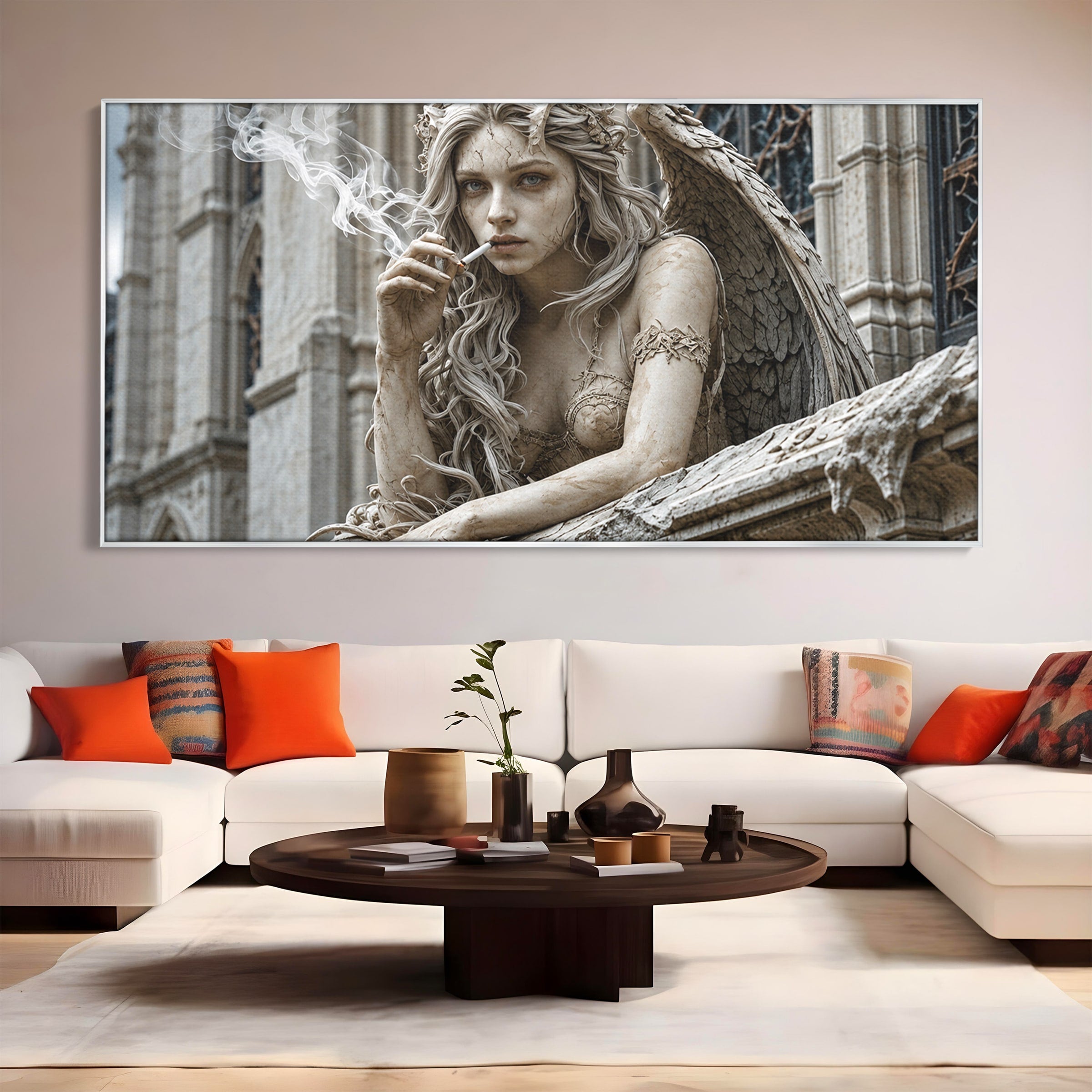 Tablou Canvas Premium LuxCanva® U1045, Ingerul Contemporan,  Statuie, Artistic, Contemporan, Mistic, Exterior, Inger, Dormitor, Culori Vibrante