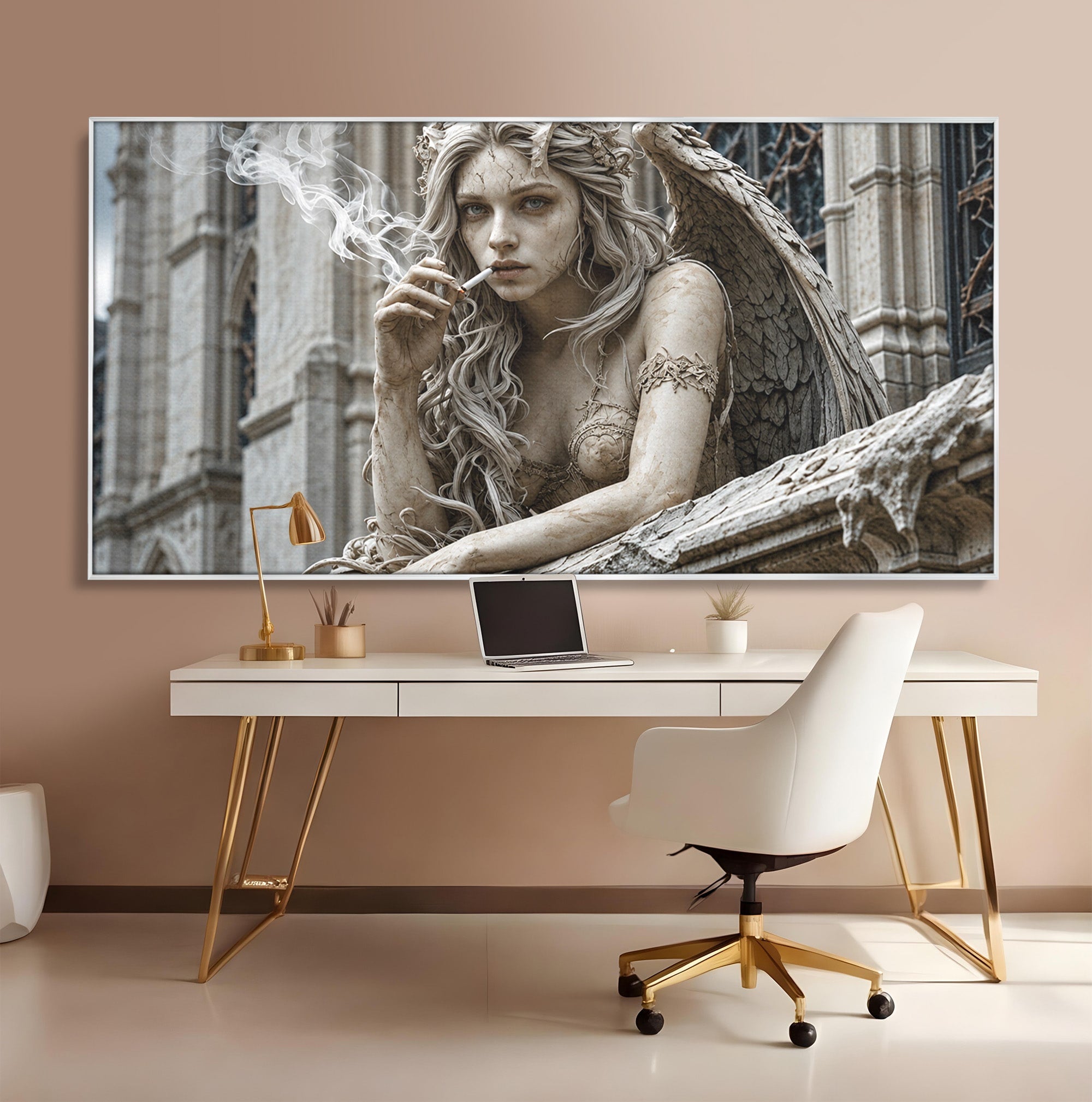 Tablou Canvas Premium LuxCanva® U1045, Ingerul Contemporan,  Statuie, Artistic, Contemporan, Mistic, Exterior, Inger, Dormitor, Culori Vibrante
