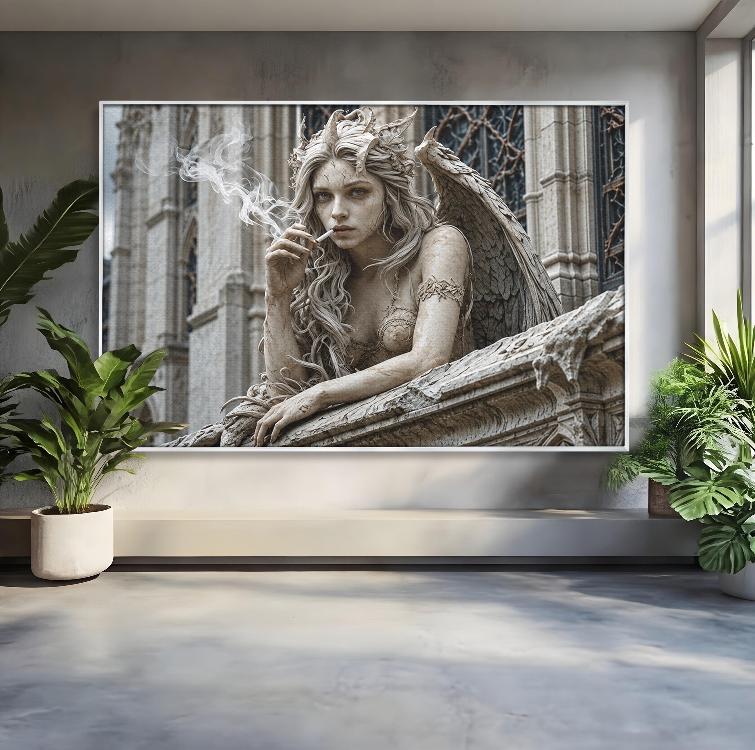 Tablou Canvas Premium LuxCanva® U1045, Ingerul Contemporan,  Statuie, Artistic, Contemporan, Mistic, Exterior, Inger, Dormitor, Culori Vibrante