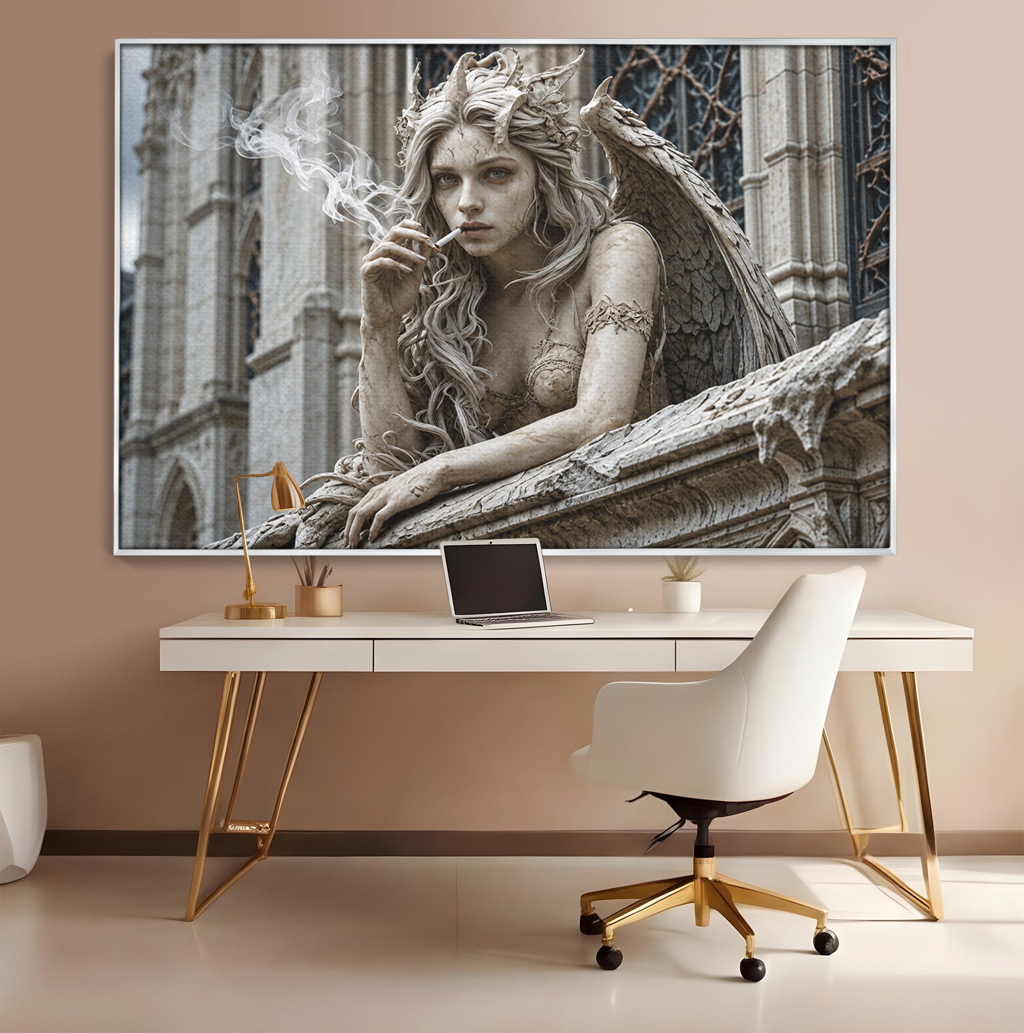 Tablou Canvas Premium LuxCanva® U1045, Ingerul Contemporan,  Statuie, Artistic, Contemporan, Mistic, Exterior, Inger, Dormitor, Culori Vibrante