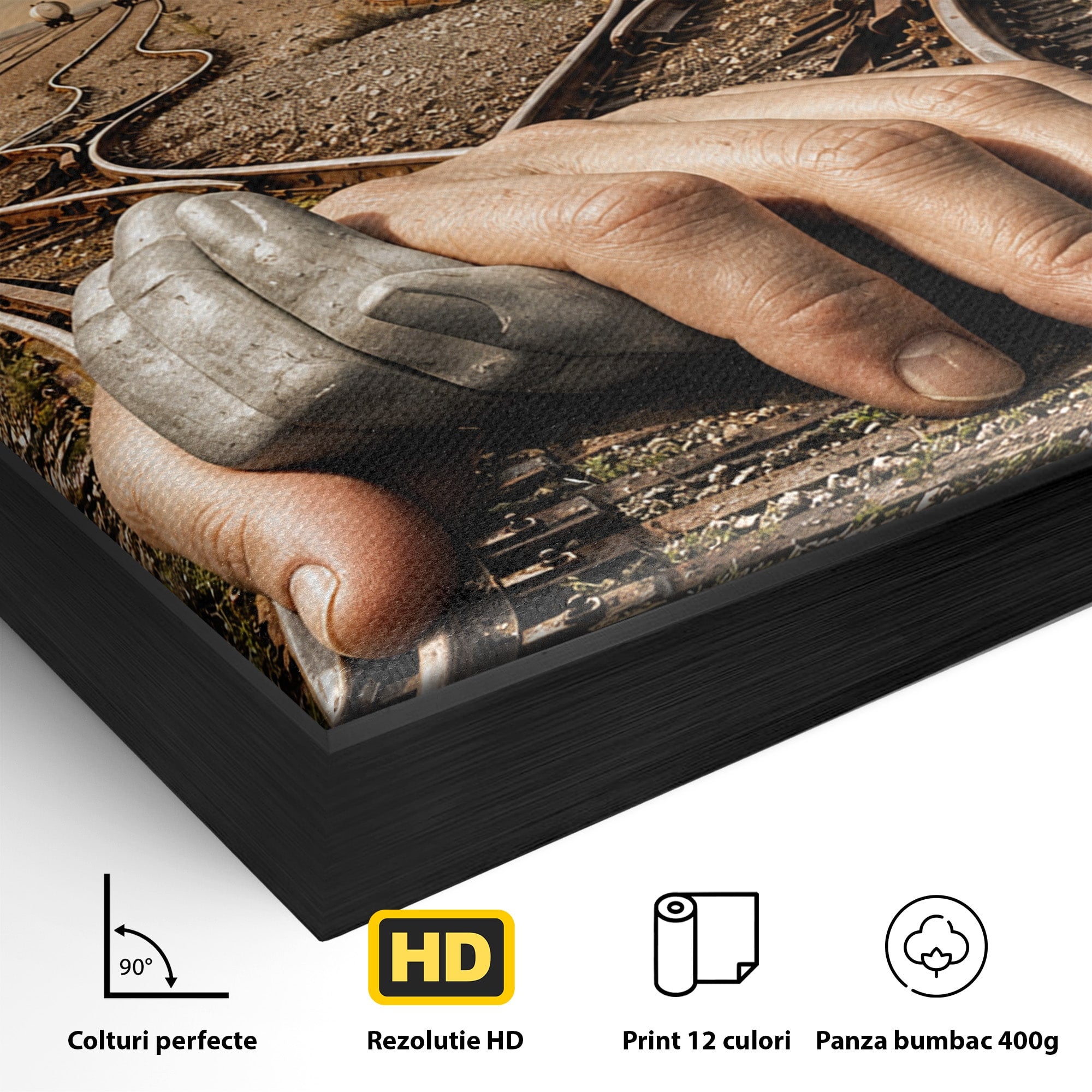 Tablou Canvas Premium LuxCanva® U1047, Mana Gigantica Pe Sinele De Tren, Peisaj, Surrealism, Calatorie, Maini, Living, Dormitor, Culori Vibrante