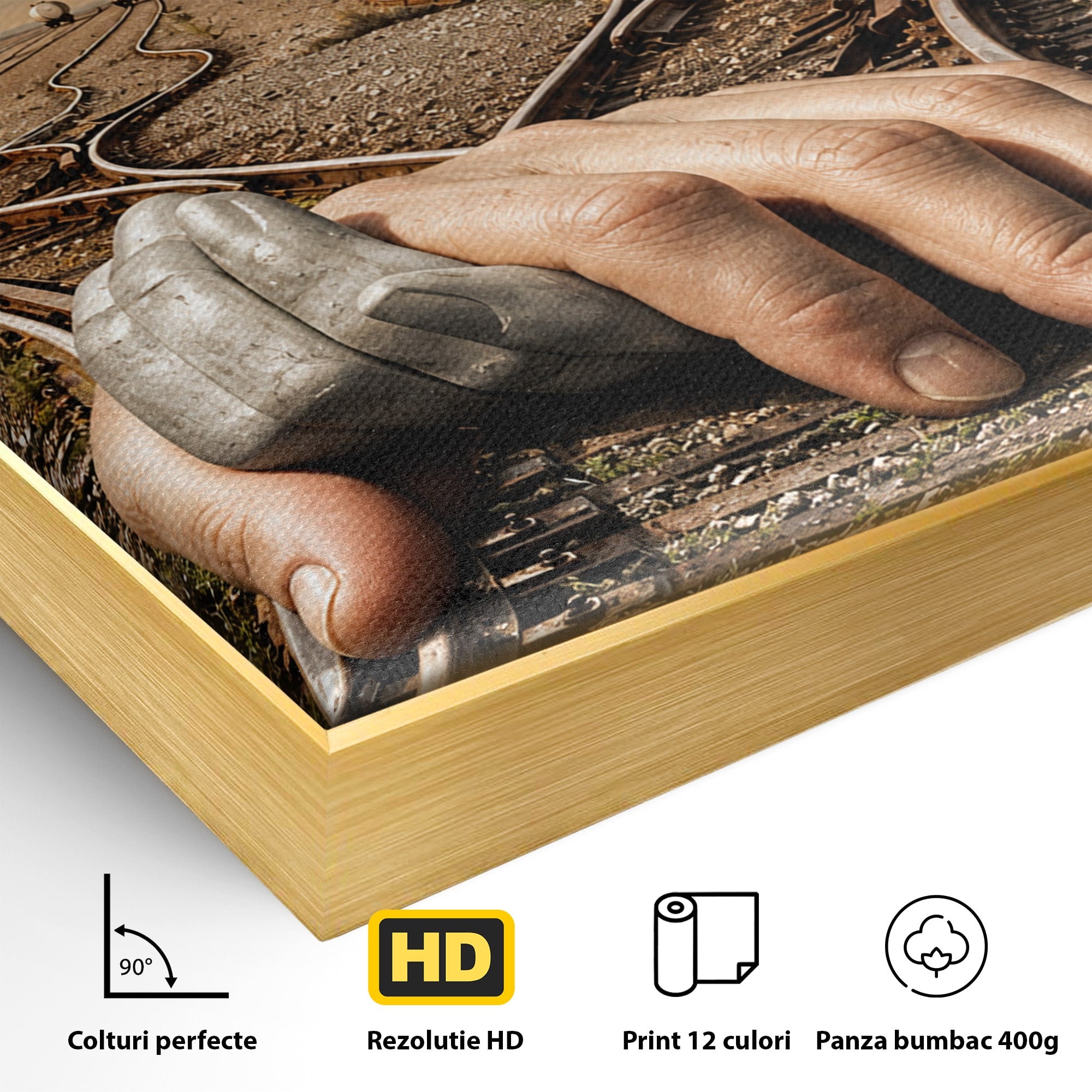 Tablou Canvas Premium LuxCanva® U1047, Mana Gigantica Pe Sinele De Tren, Peisaj, Surrealism, Calatorie, Maini, Living, Dormitor, Culori Vibrante
