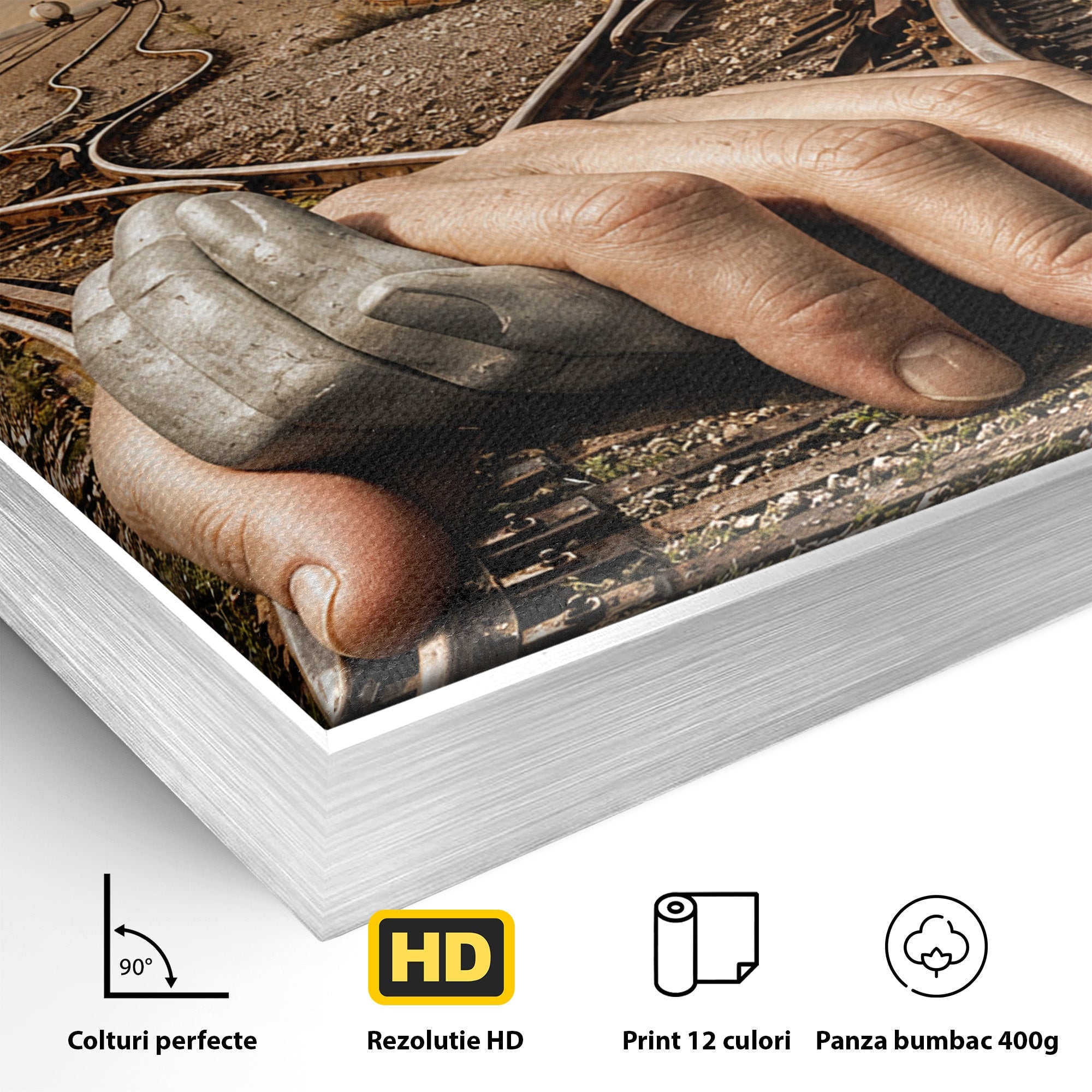 Tablou Canvas Premium LuxCanva® U1047, Mana Gigantica Pe Sinele De Tren, Peisaj, Surrealism, Calatorie, Maini, Living, Dormitor, Culori Vibrante