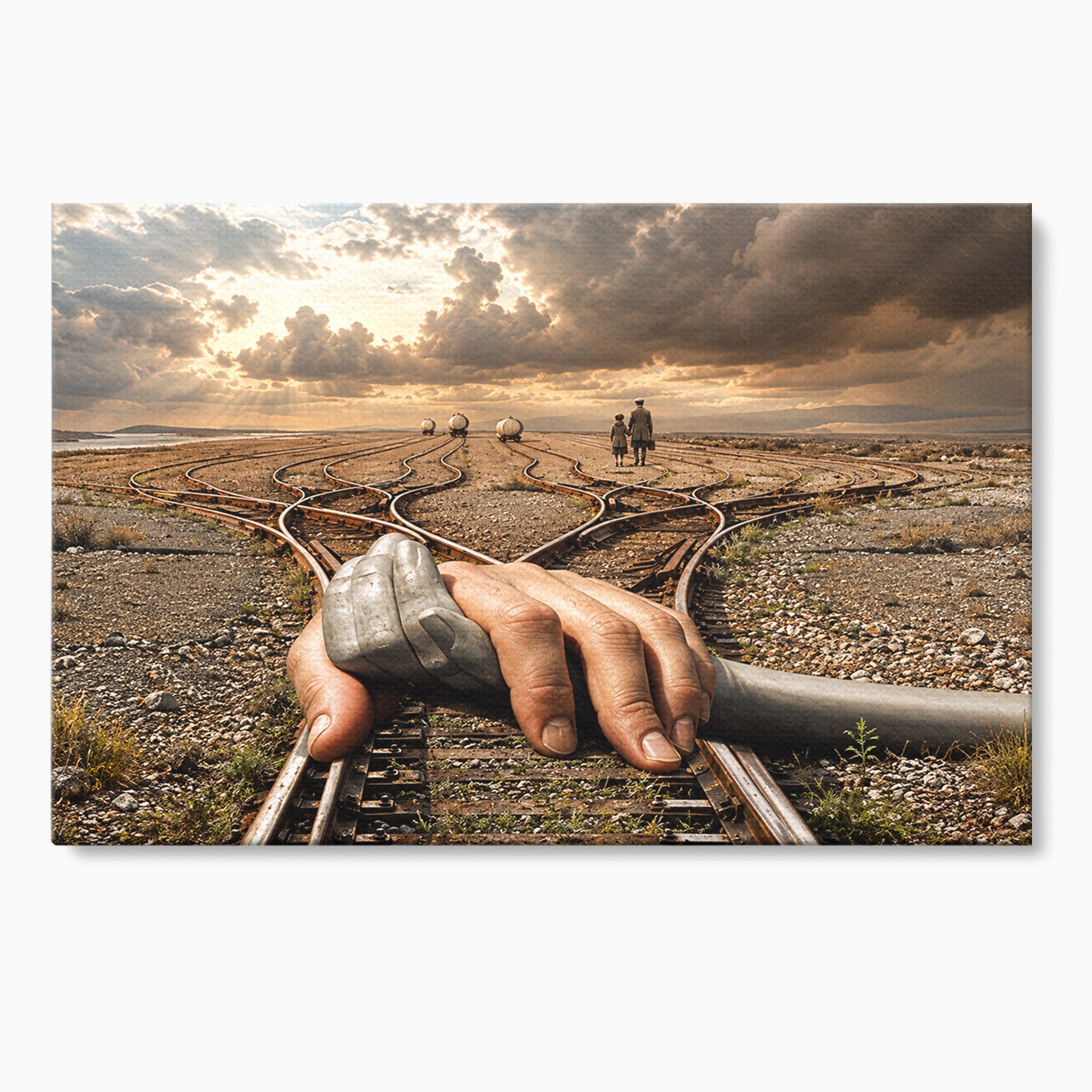 Tablou Canvas Premium LuxCanva® U1047, Mana Gigantica Pe Sinele De Tren, Peisaj, Surrealism, Calatorie, Maini, Living, Dormitor, Culori Vibrante
