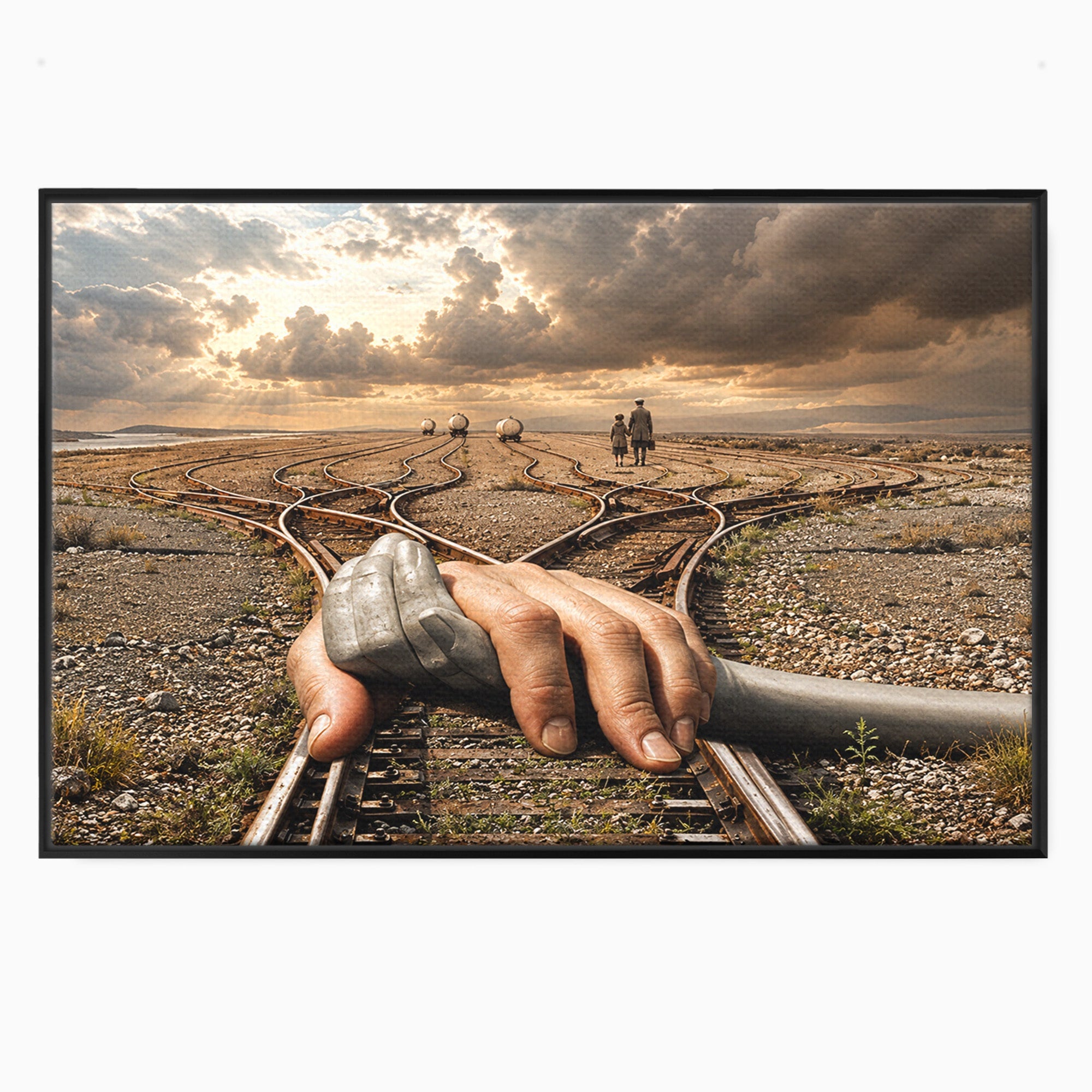 Tablou Canvas Premium LuxCanva® U1047, Mana Gigantica Pe Sinele De Tren, Peisaj, Surrealism, Calatorie, Maini, Living, Dormitor, Culori Vibrante