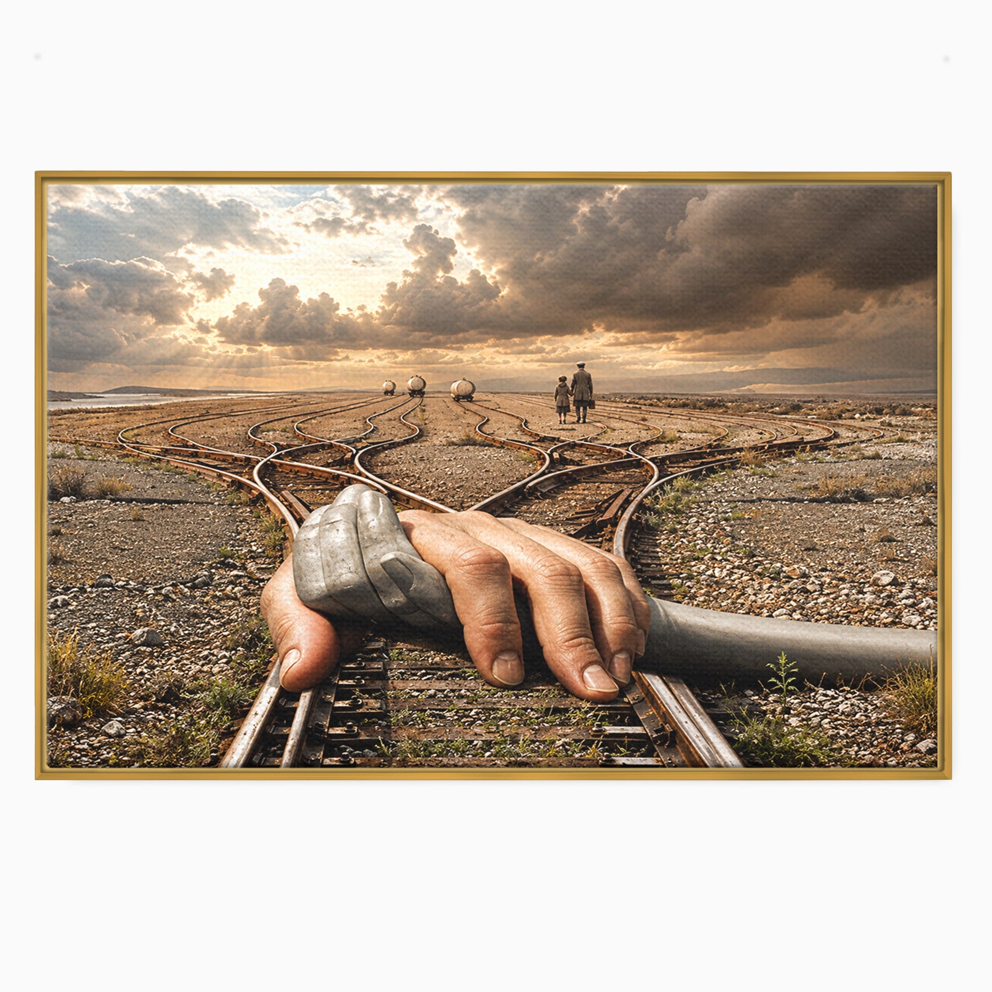 Tablou Canvas Premium LuxCanva® U1047, Mana Gigantica Pe Sinele De Tren, Peisaj, Surrealism, Calatorie, Maini, Living, Dormitor, Culori Vibrante