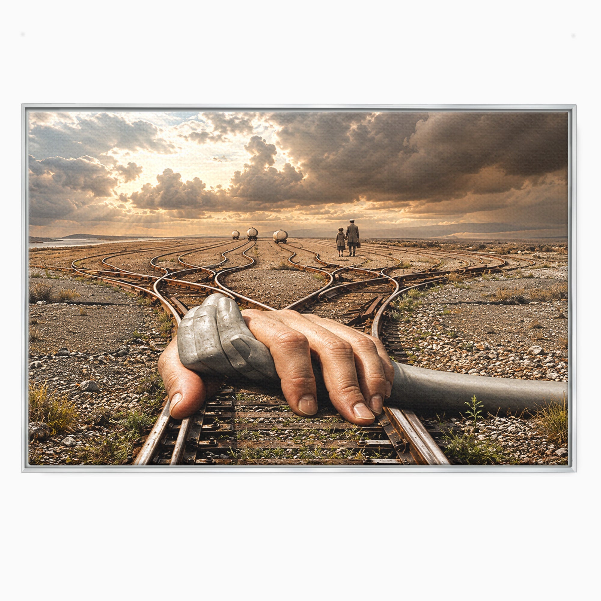 Tablou Canvas Premium LuxCanva® U1047, Mana Gigantica Pe Sinele De Tren, Peisaj, Surrealism, Calatorie, Maini, Living, Dormitor, Culori Vibrante