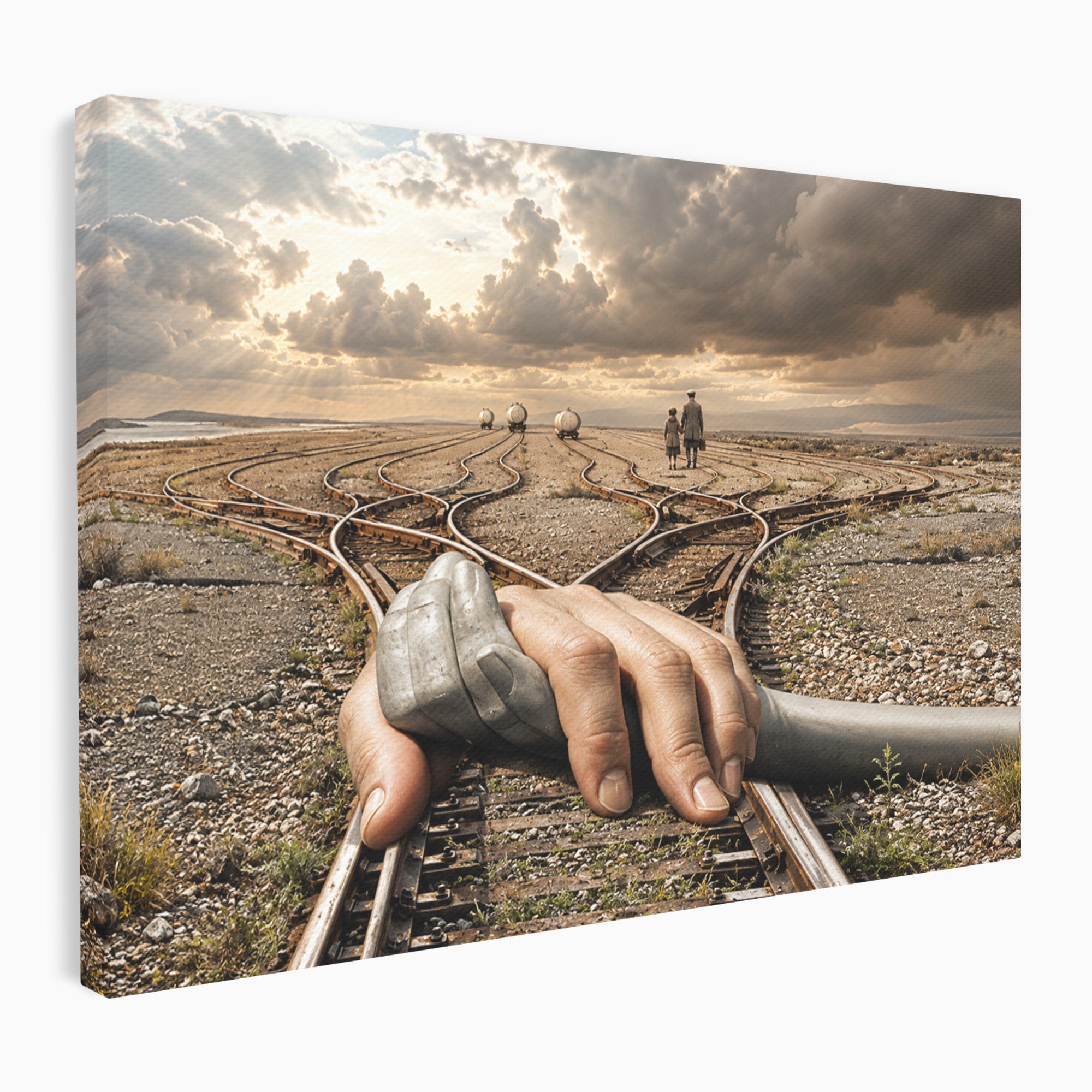 Tablou Canvas Premium LuxCanva® U1047, Mana Gigantica Pe Sinele De Tren, Peisaj, Surrealism, Calatorie, Maini, Living, Dormitor, Culori Vibrante