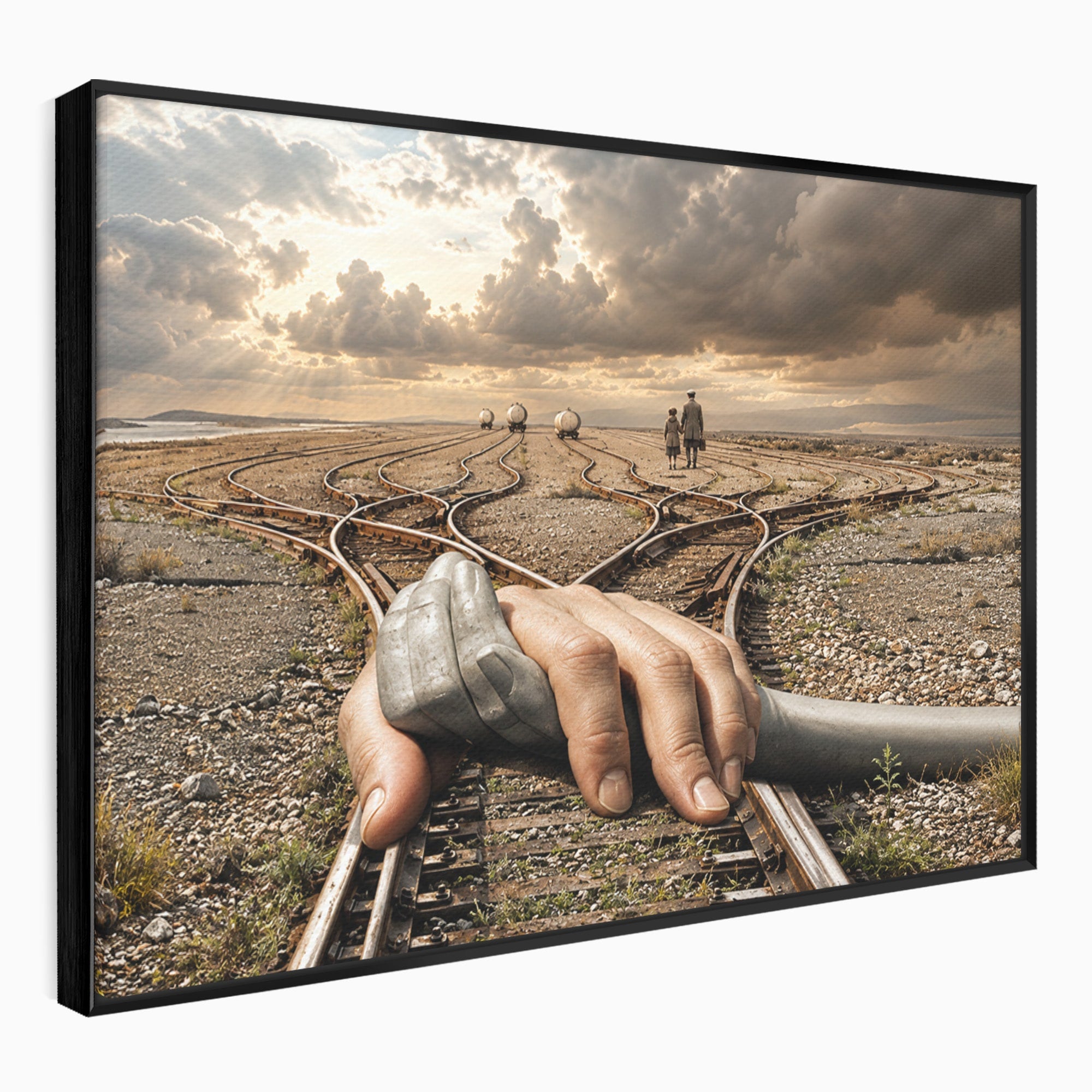 Tablou Canvas Premium LuxCanva® U1047, Mana Gigantica Pe Sinele De Tren, Peisaj, Surrealism, Calatorie, Maini, Living, Dormitor, Culori Vibrante
