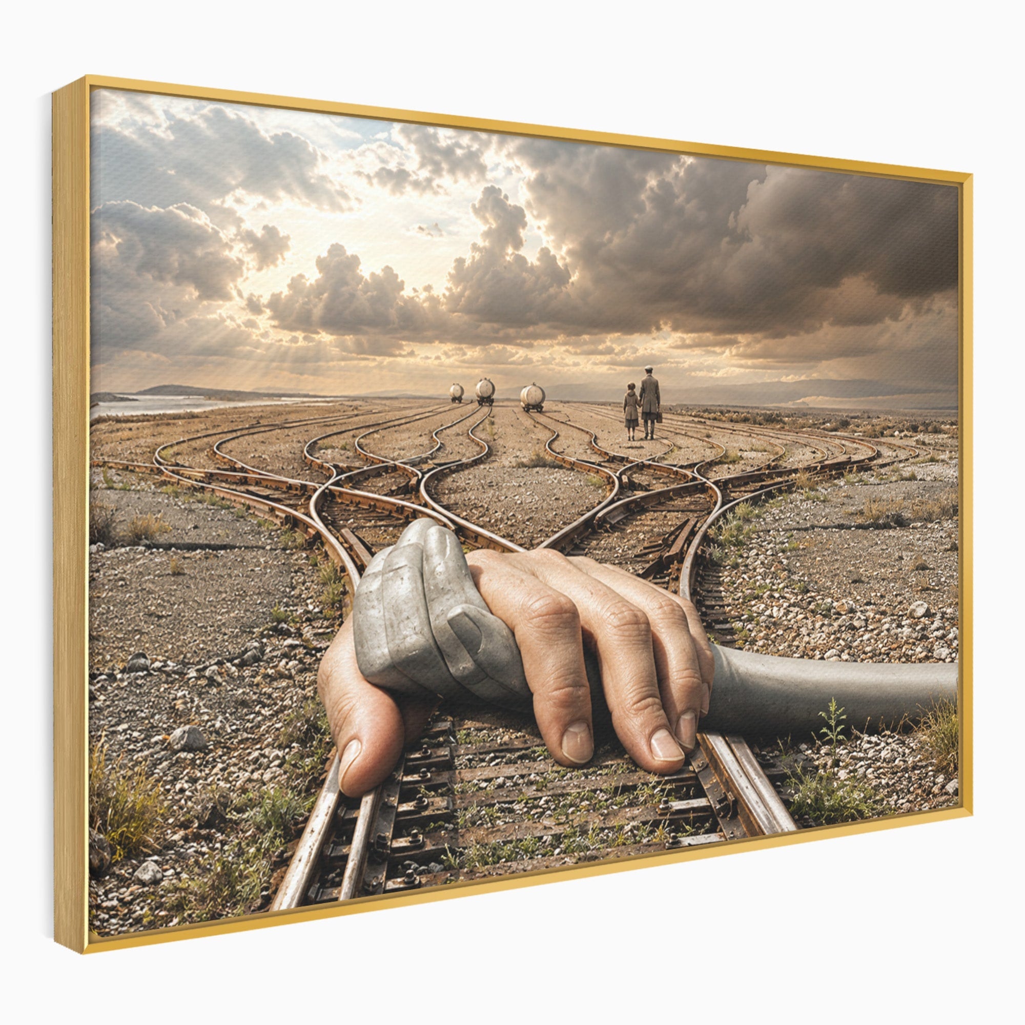 Tablou Canvas Premium LuxCanva® U1047, Mana Gigantica Pe Sinele De Tren, Peisaj, Surrealism, Calatorie, Maini, Living, Dormitor, Culori Vibrante