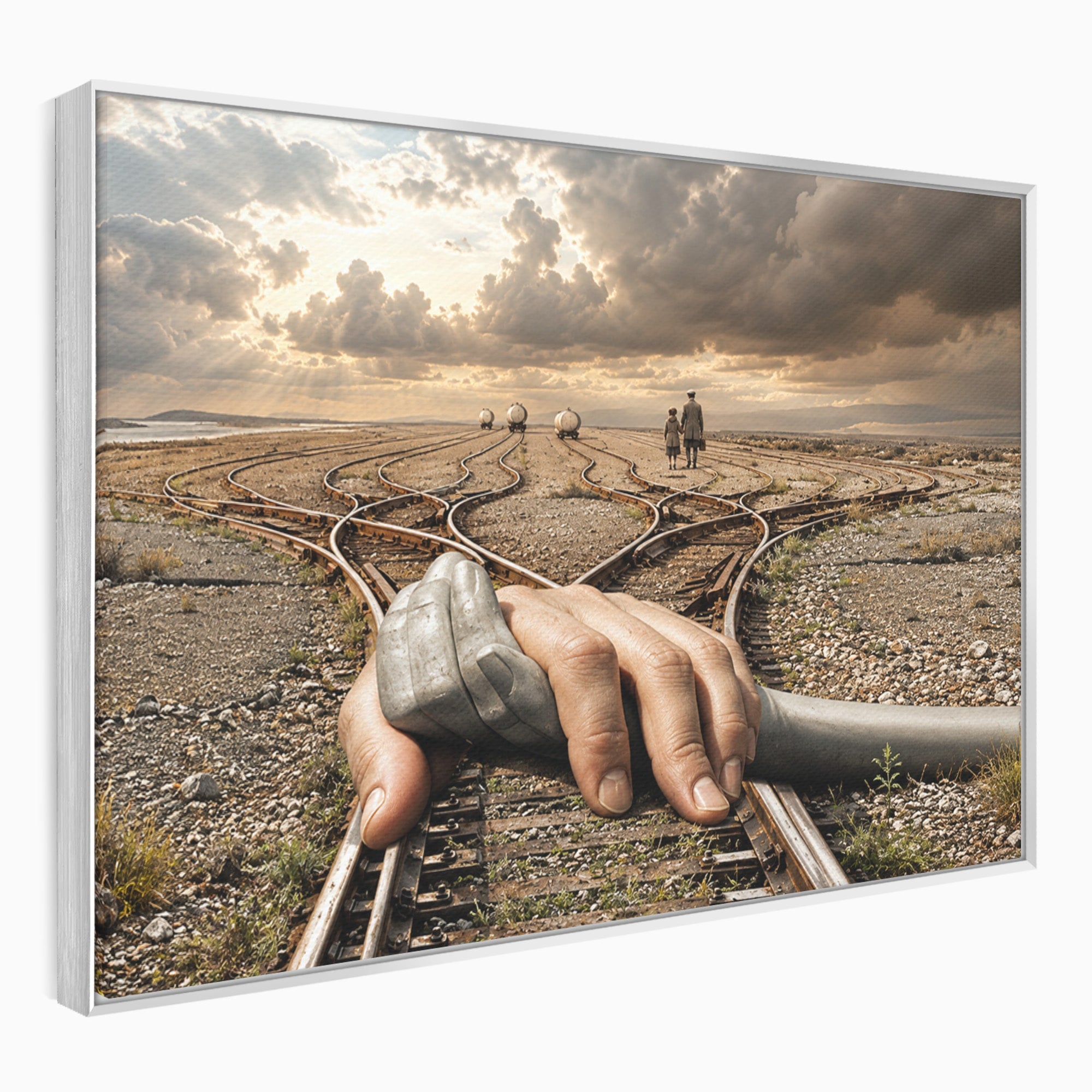 Tablou Canvas Premium LuxCanva® U1047, Mana Gigantica Pe Sinele De Tren, Peisaj, Surrealism, Calatorie, Maini, Living, Dormitor, Culori Vibrante