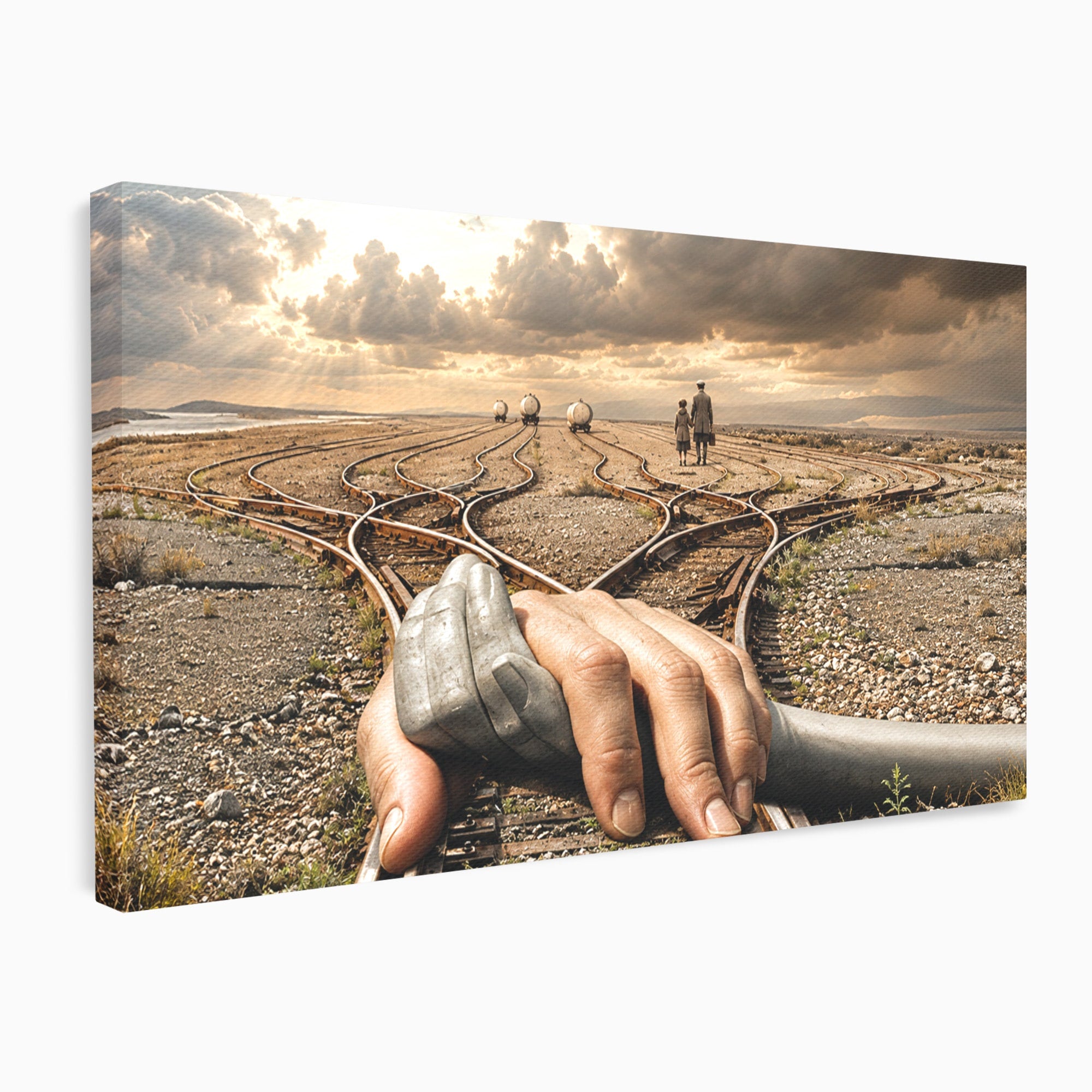 Tablou Canvas Premium LuxCanva® U1047, Mana Gigantica Pe Sinele De Tren, Peisaj, Surrealism, Calatorie, Maini, Living, Dormitor, Culori Vibrante