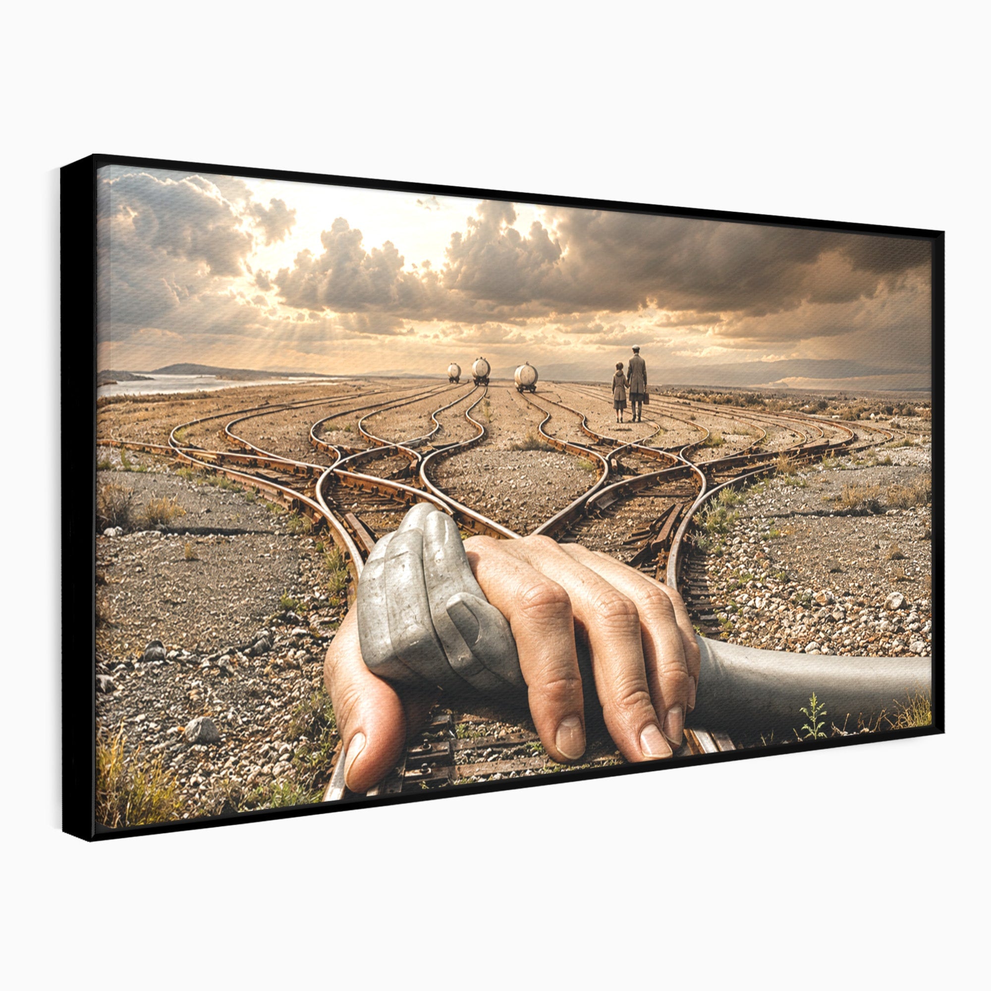 Tablou Canvas Premium LuxCanva® U1047, Mana Gigantica Pe Sinele De Tren, Peisaj, Surrealism, Calatorie, Maini, Living, Dormitor, Culori Vibrante
