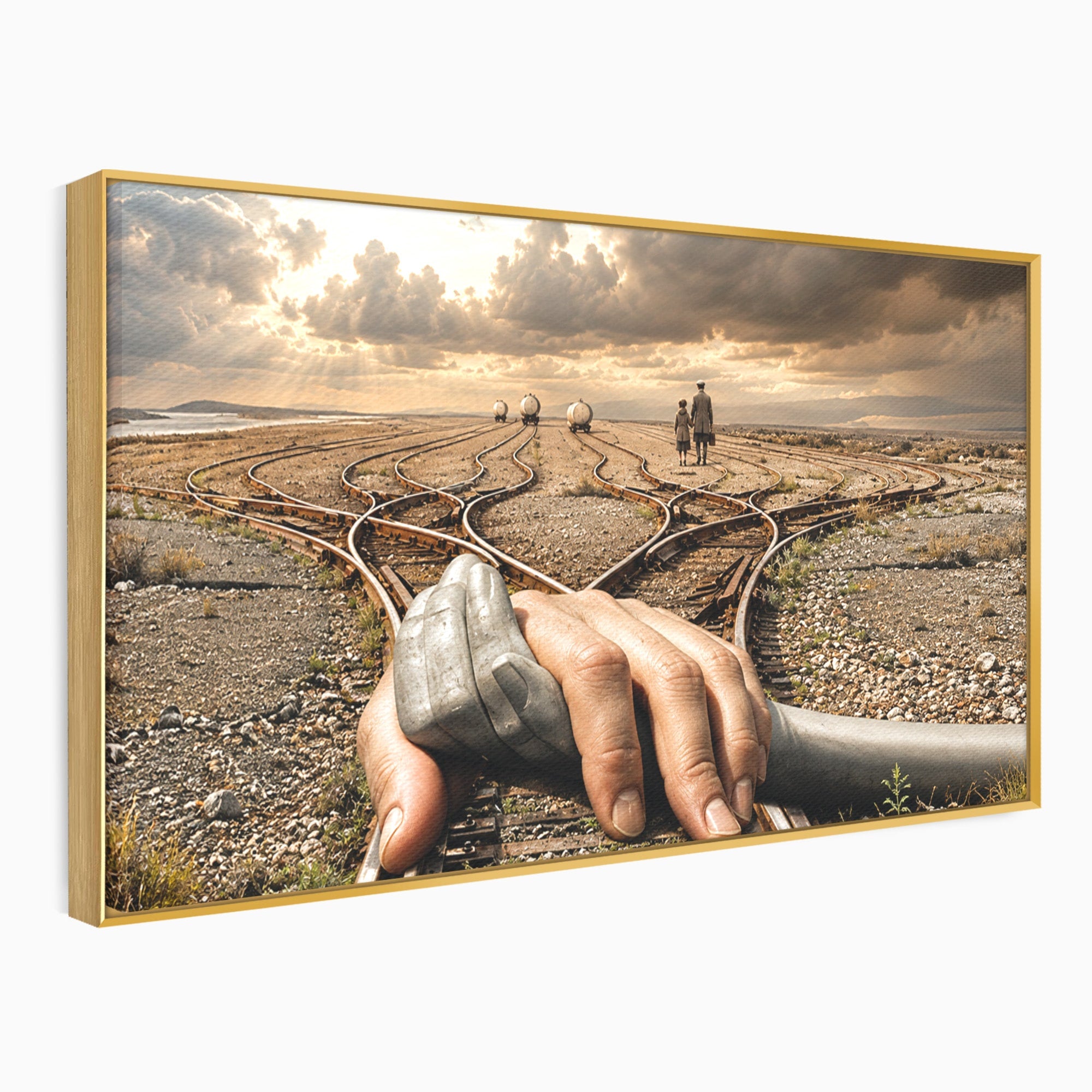 Tablou Canvas Premium LuxCanva® U1047, Mana Gigantica Pe Sinele De Tren, Peisaj, Surrealism, Calatorie, Maini, Living, Dormitor, Culori Vibrante