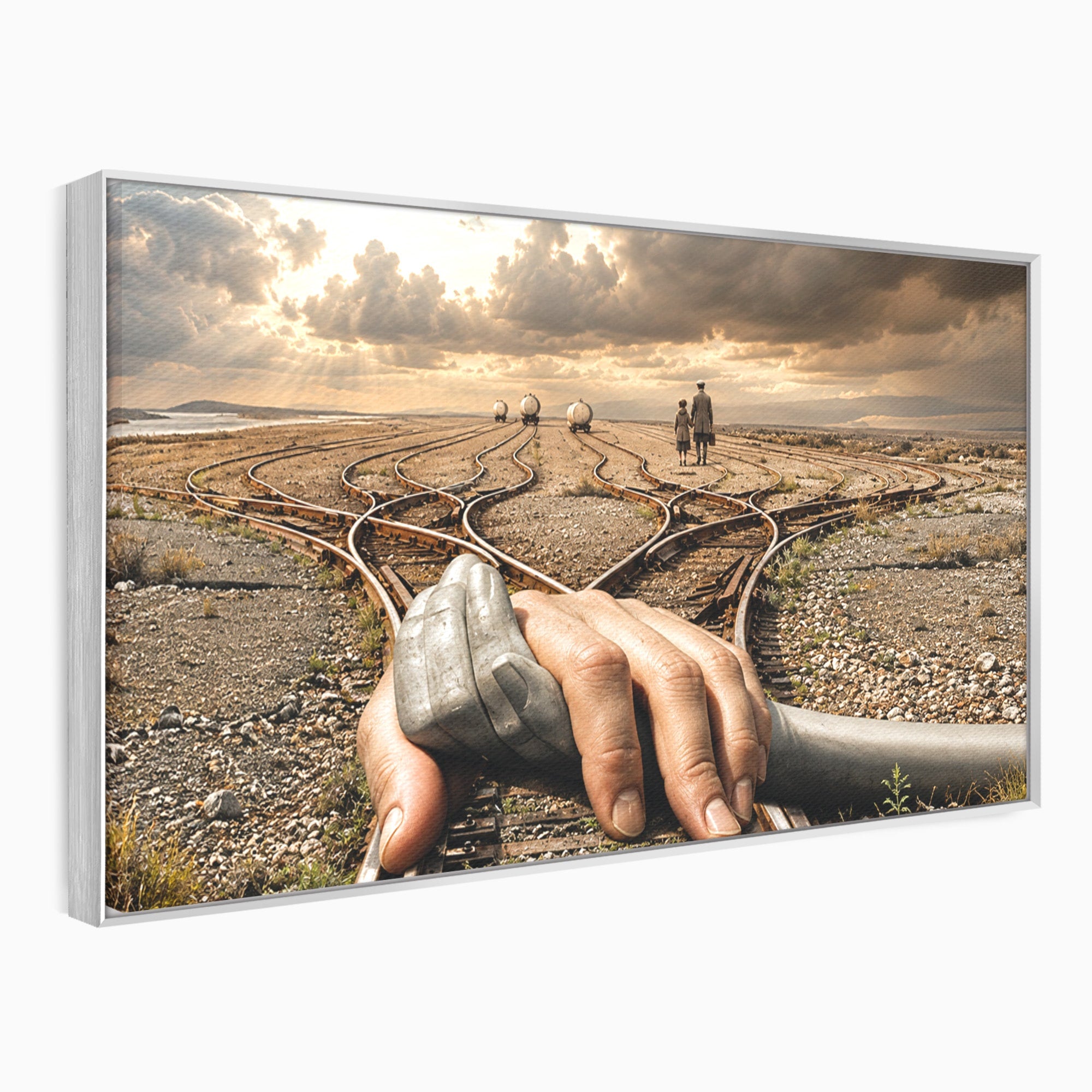 Tablou Canvas Premium LuxCanva® U1047, Mana Gigantica Pe Sinele De Tren, Peisaj, Surrealism, Calatorie, Maini, Living, Dormitor, Culori Vibrante