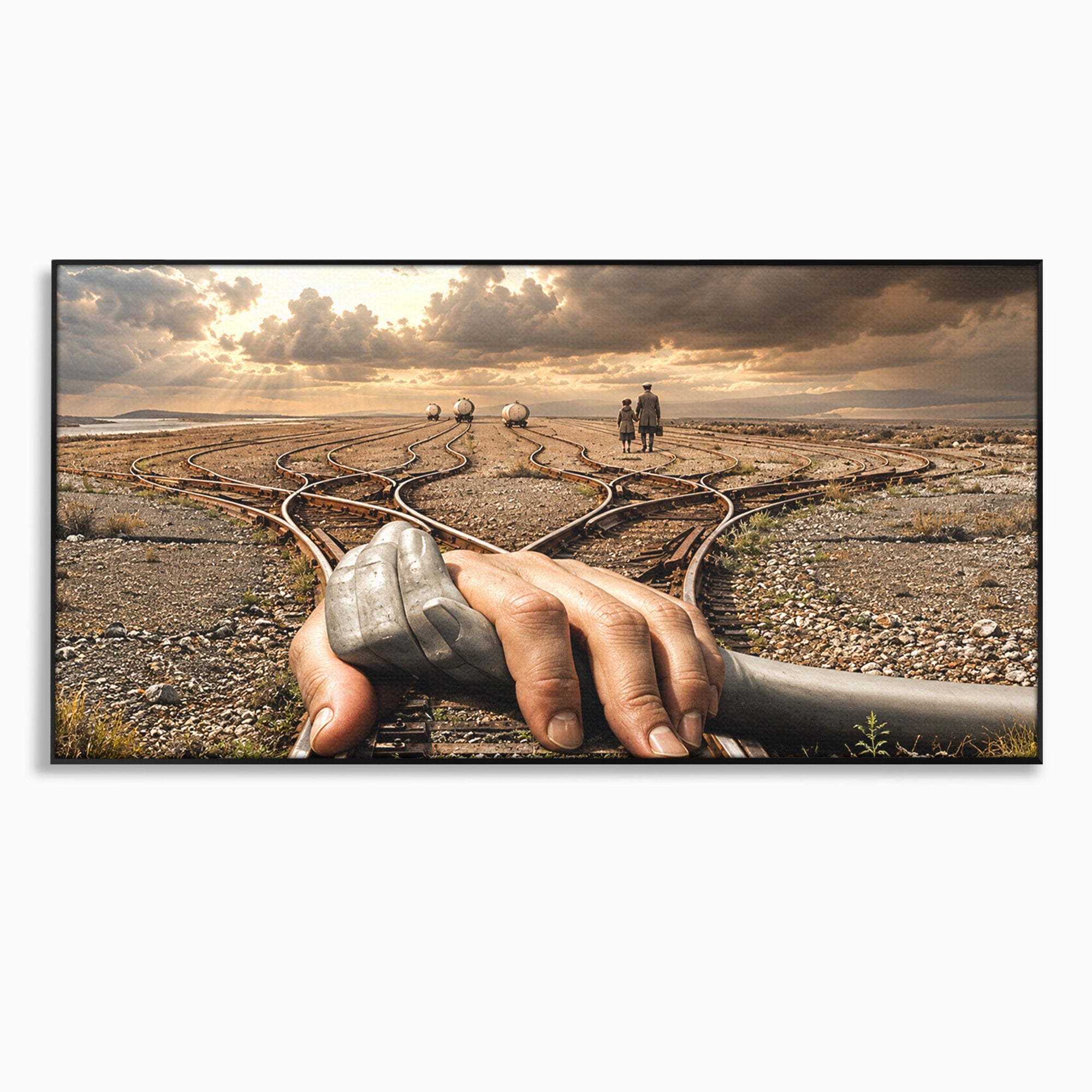 Tablou Canvas Premium LuxCanva® U1047, Mana Gigantica Pe Sinele De Tren, Peisaj, Surrealism, Calatorie, Maini, Living, Dormitor, Culori Vibrante