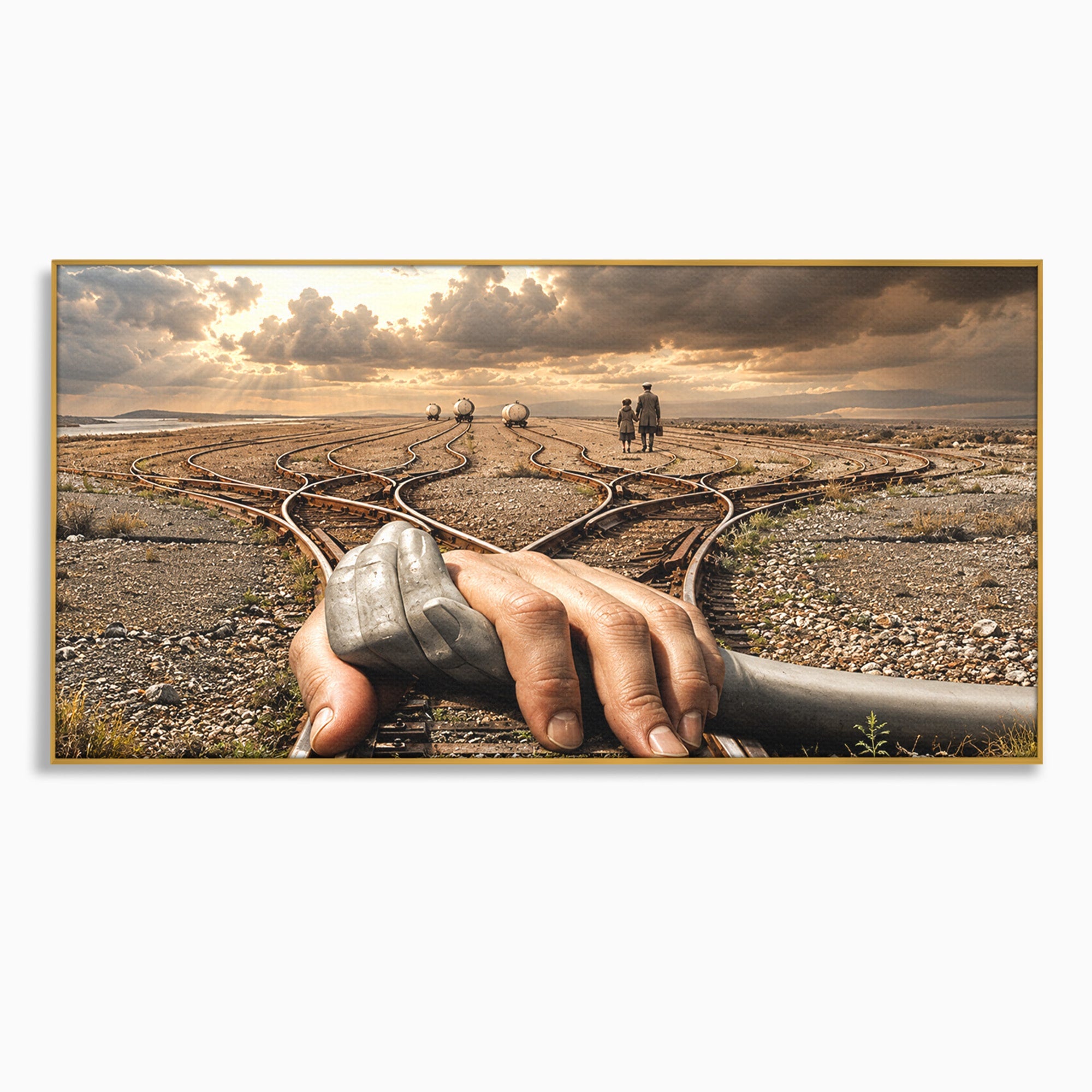 Tablou Canvas Premium LuxCanva® U1047, Mana Gigantica Pe Sinele De Tren, Peisaj, Surrealism, Calatorie, Maini, Living, Dormitor, Culori Vibrante