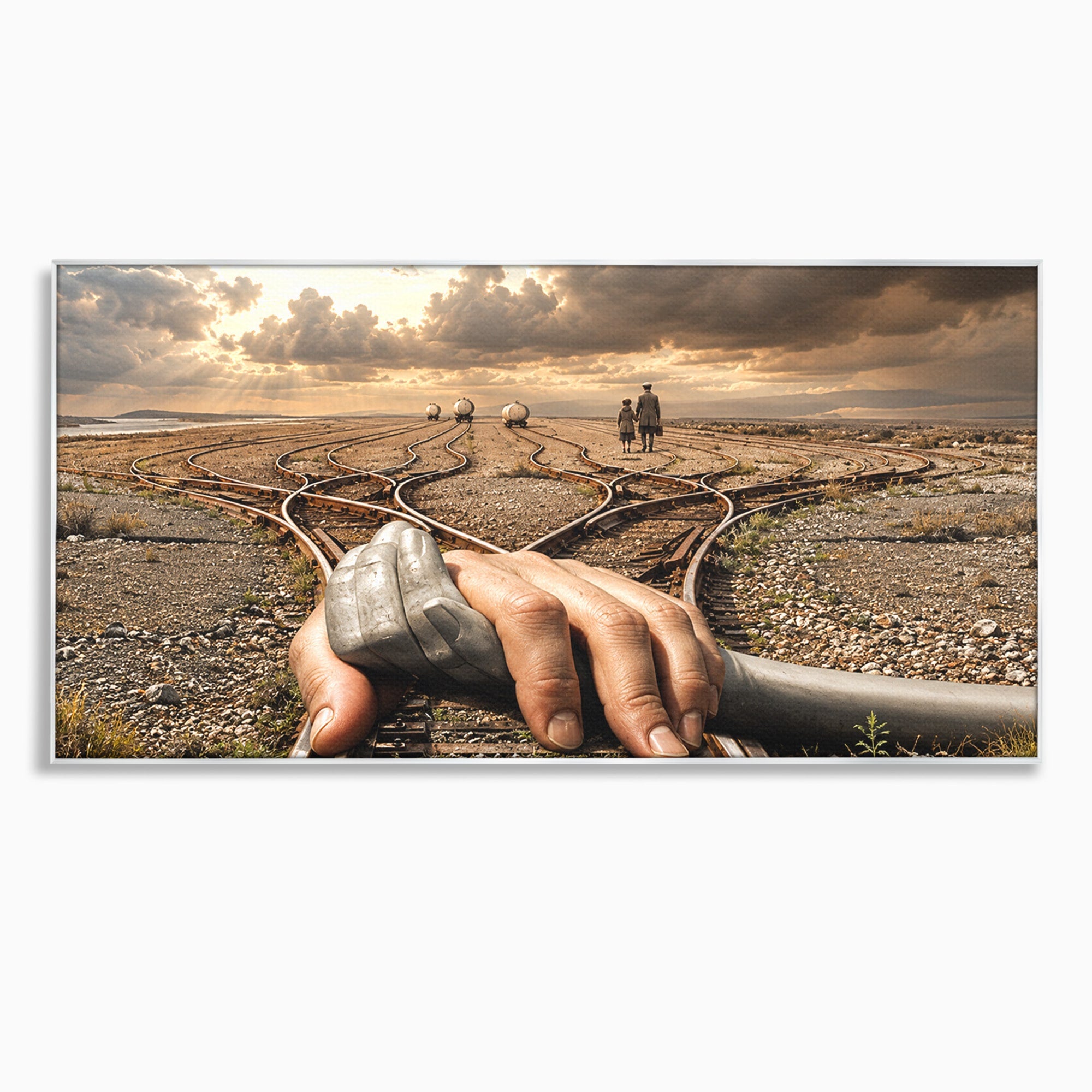 Tablou Canvas Premium LuxCanva® U1047, Mana Gigantica Pe Sinele De Tren, Peisaj, Surrealism, Calatorie, Maini, Living, Dormitor, Culori Vibrante