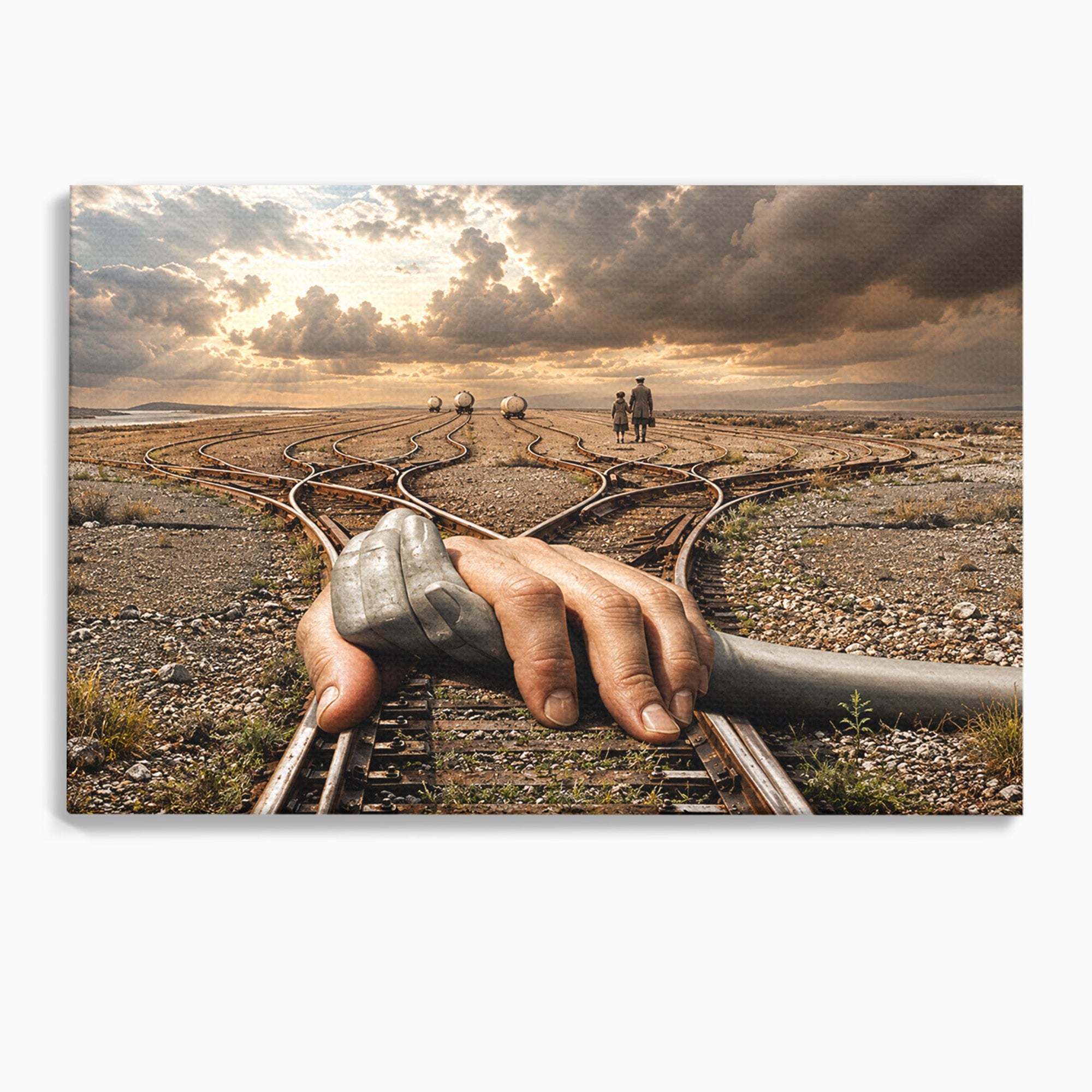 Tablou Canvas Premium LuxCanva® U1047, Mana Gigantica Pe Sinele De Tren, Peisaj, Surrealism, Calatorie, Maini, Living, Dormitor, Culori Vibrante