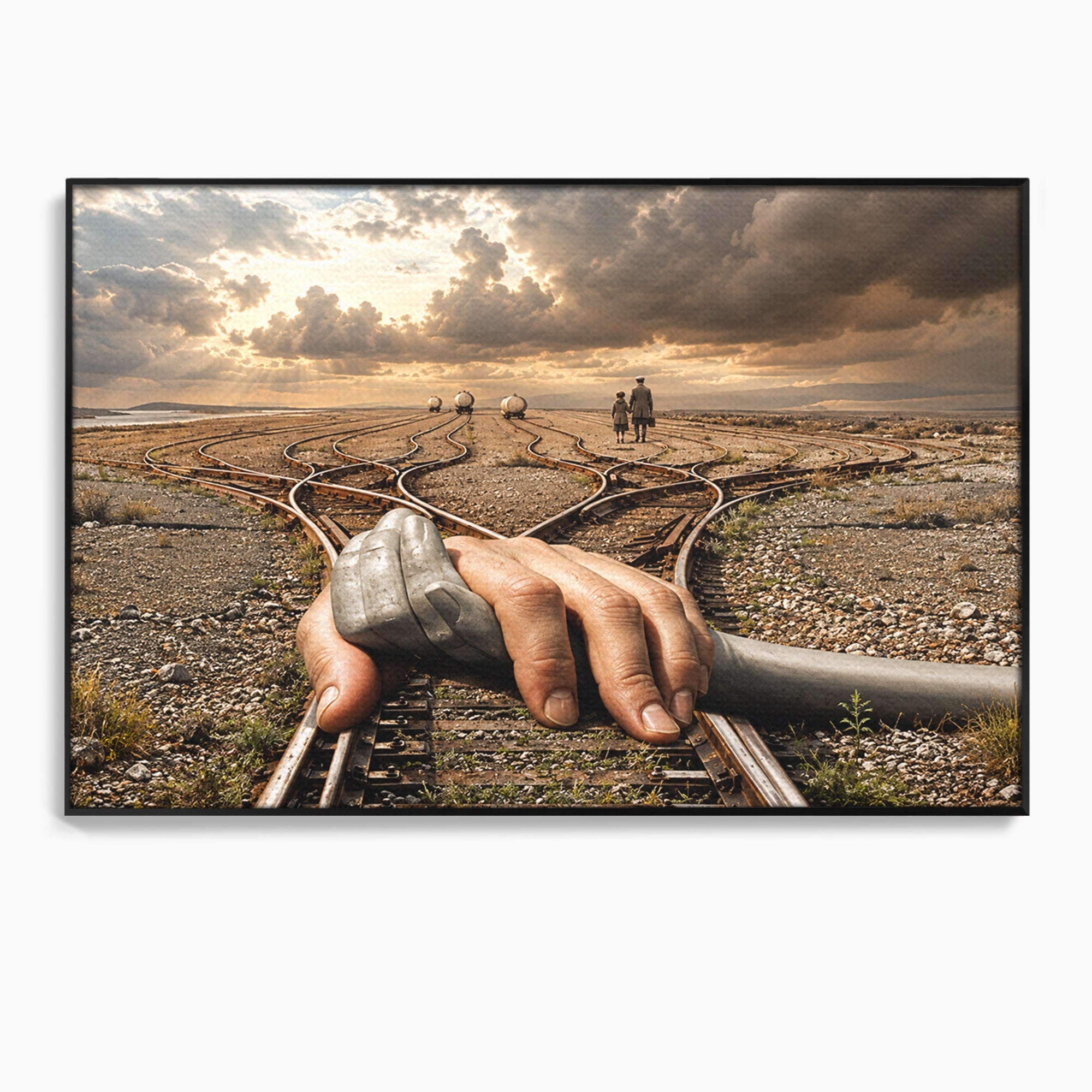 Tablou Canvas Premium LuxCanva® U1047, Mana Gigantica Pe Sinele De Tren, Peisaj, Surrealism, Calatorie, Maini, Living, Dormitor, Culori Vibrante