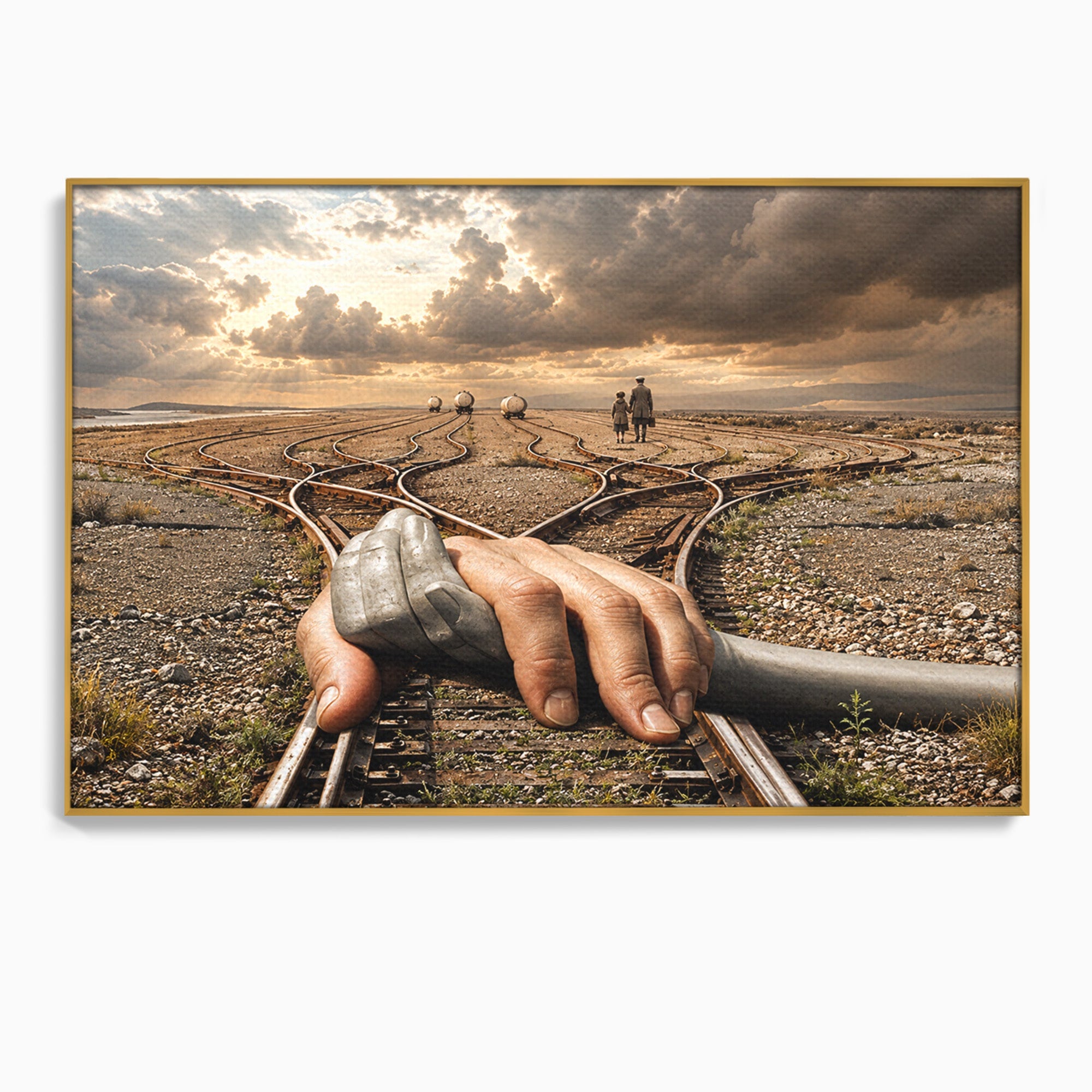 Tablou Canvas Premium LuxCanva® U1047, Mana Gigantica Pe Sinele De Tren, Peisaj, Surrealism, Calatorie, Maini, Living, Dormitor, Culori Vibrante