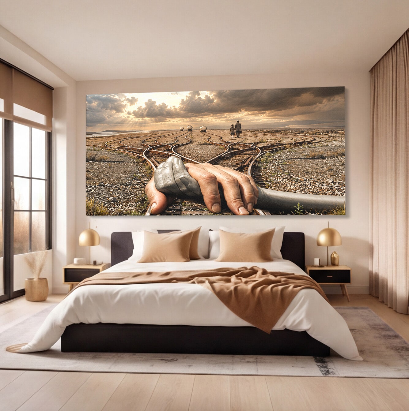 Tablou Canvas Premium LuxCanva® U1047, Mana Gigantica Pe Sinele De Tren, Peisaj, Surrealism, Calatorie, Maini, Living, Dormitor, Culori Vibrante
