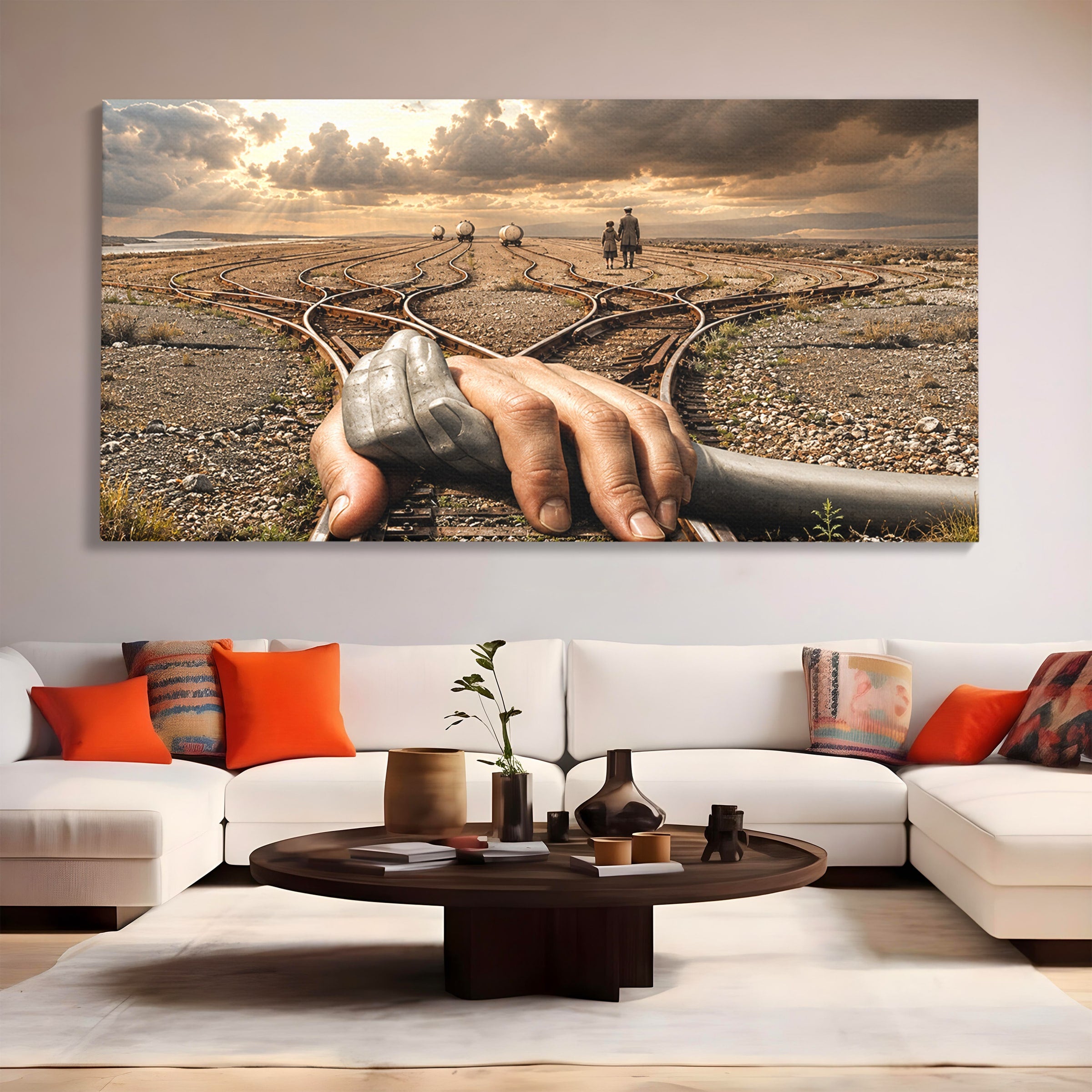 Tablou Canvas Premium LuxCanva® U1047, Mana Gigantica Pe Sinele De Tren, Peisaj, Surrealism, Calatorie, Maini, Living, Dormitor, Culori Vibrante